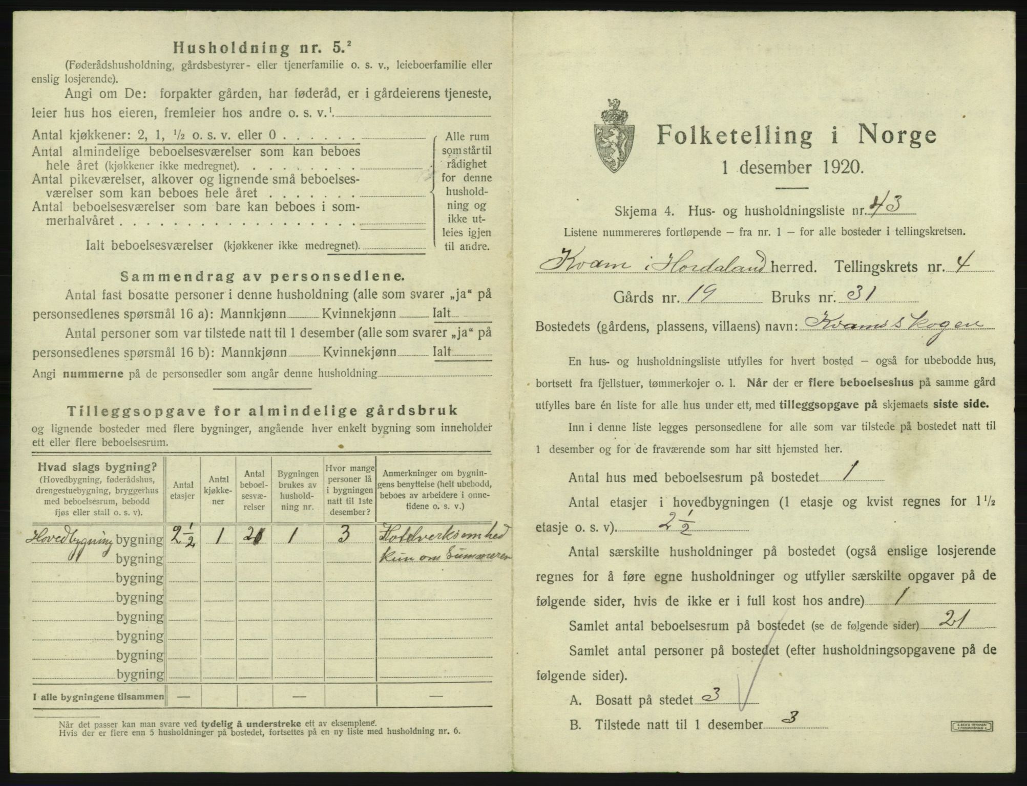 SAB, 1920 census for Kvam, 1920, p. 387