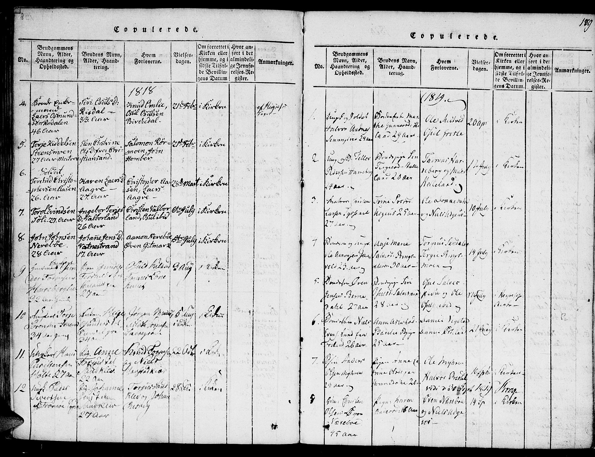 Hommedal sokneprestkontor, SAK/1111-0023/F/Fa/Fab/L0003: Parish register (official) no. A 3, 1815-1848, p. 189