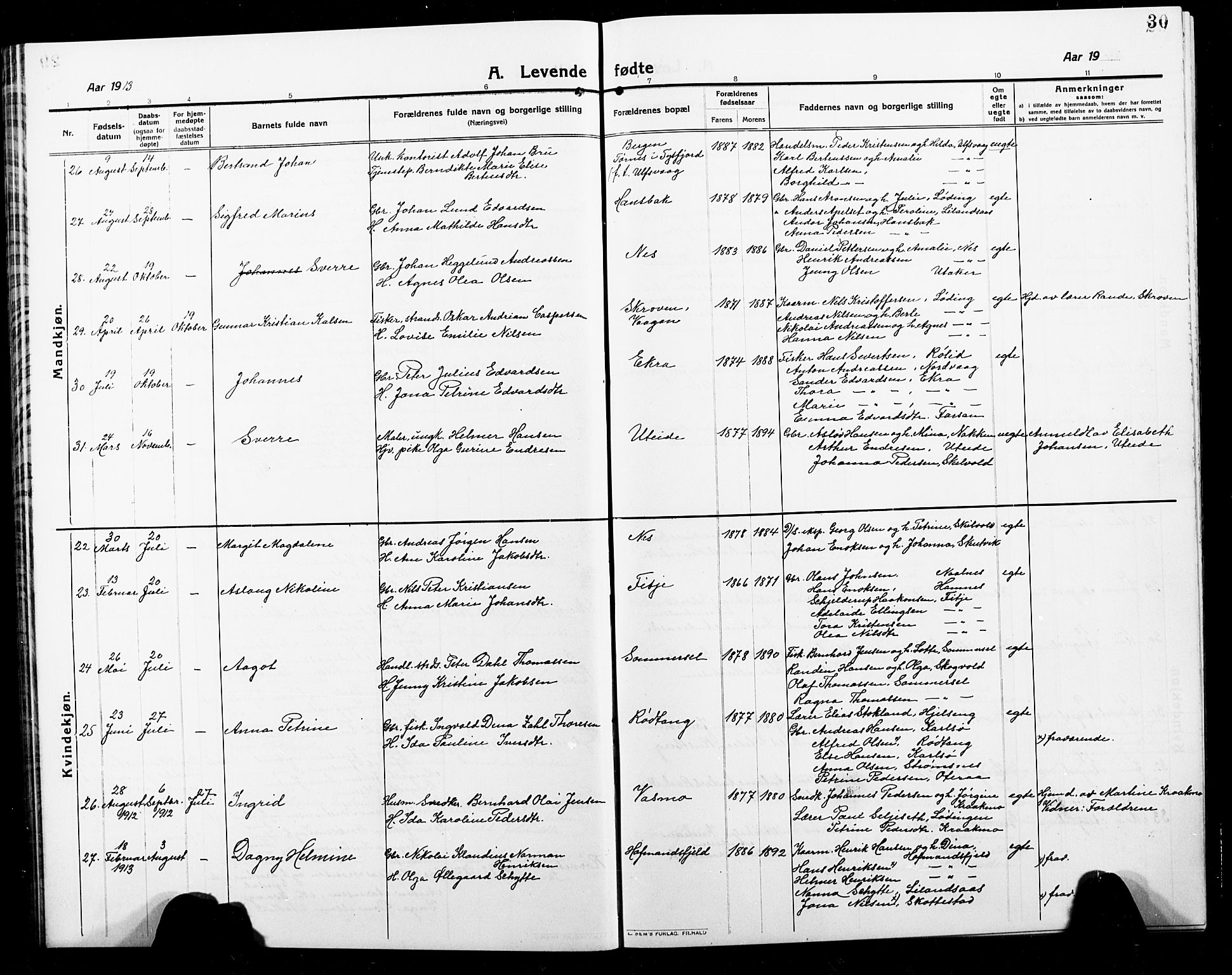 Ministerialprotokoller, klokkerbøker og fødselsregistre - Nordland, AV/SAT-A-1459/859/L0861: Parish register (copy) no. 859C07, 1910-1925, p. 30