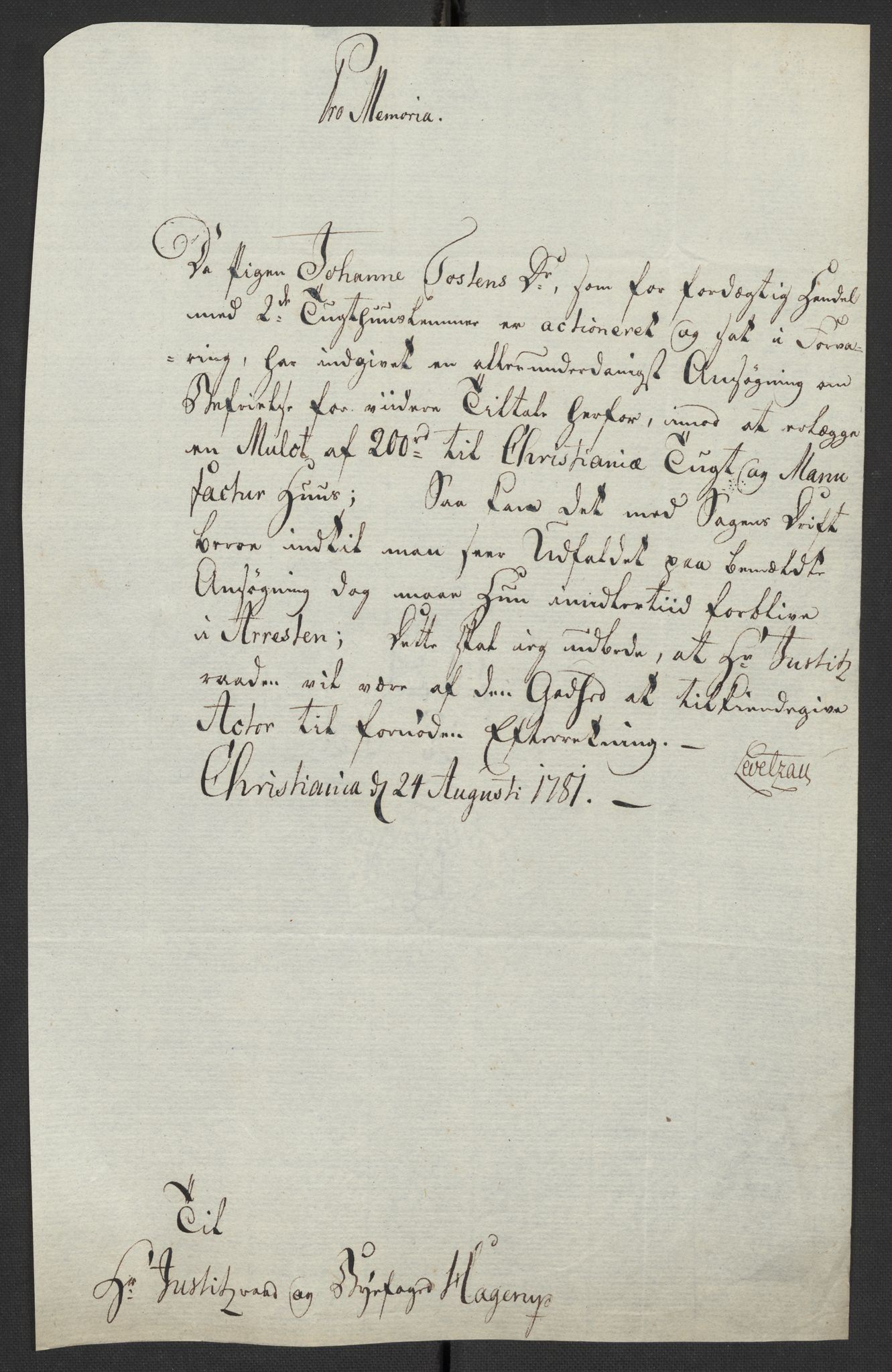 Oslo politidistrikt, AV/SAO-A-10085/D/Da/L0003: Innkomne brev, pro memoria m.v., 1781, p. 41