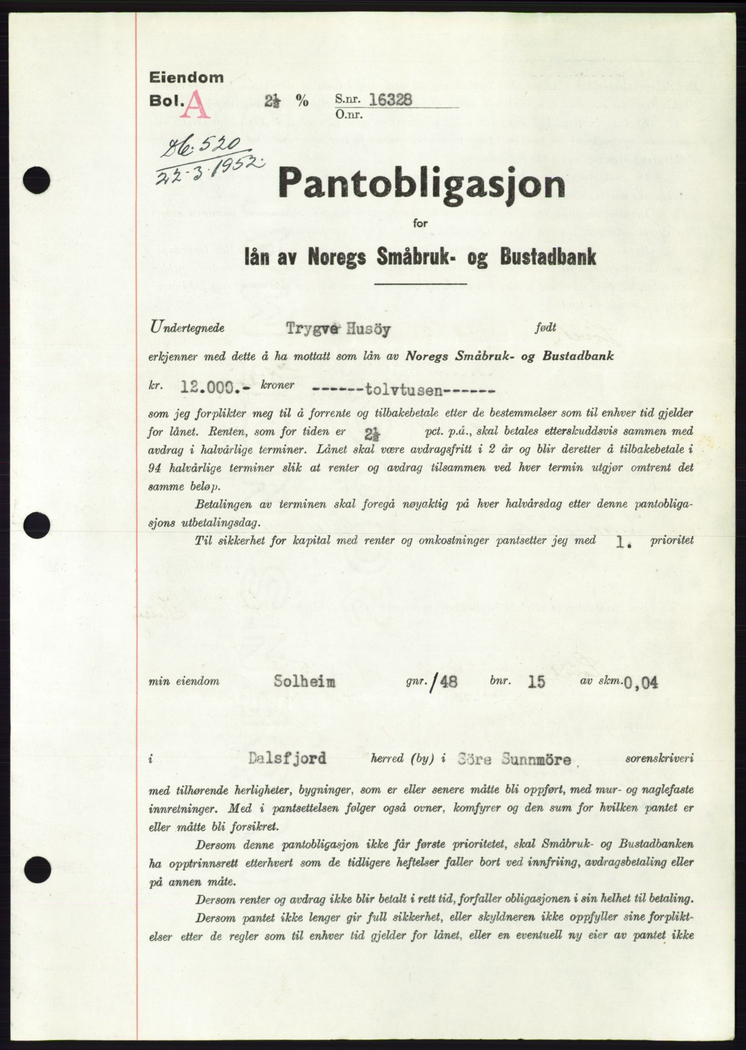 Søre Sunnmøre sorenskriveri, AV/SAT-A-4122/1/2/2C/L0121: Mortgage book no. 9B, 1951-1952, Diary no: : 520/1952