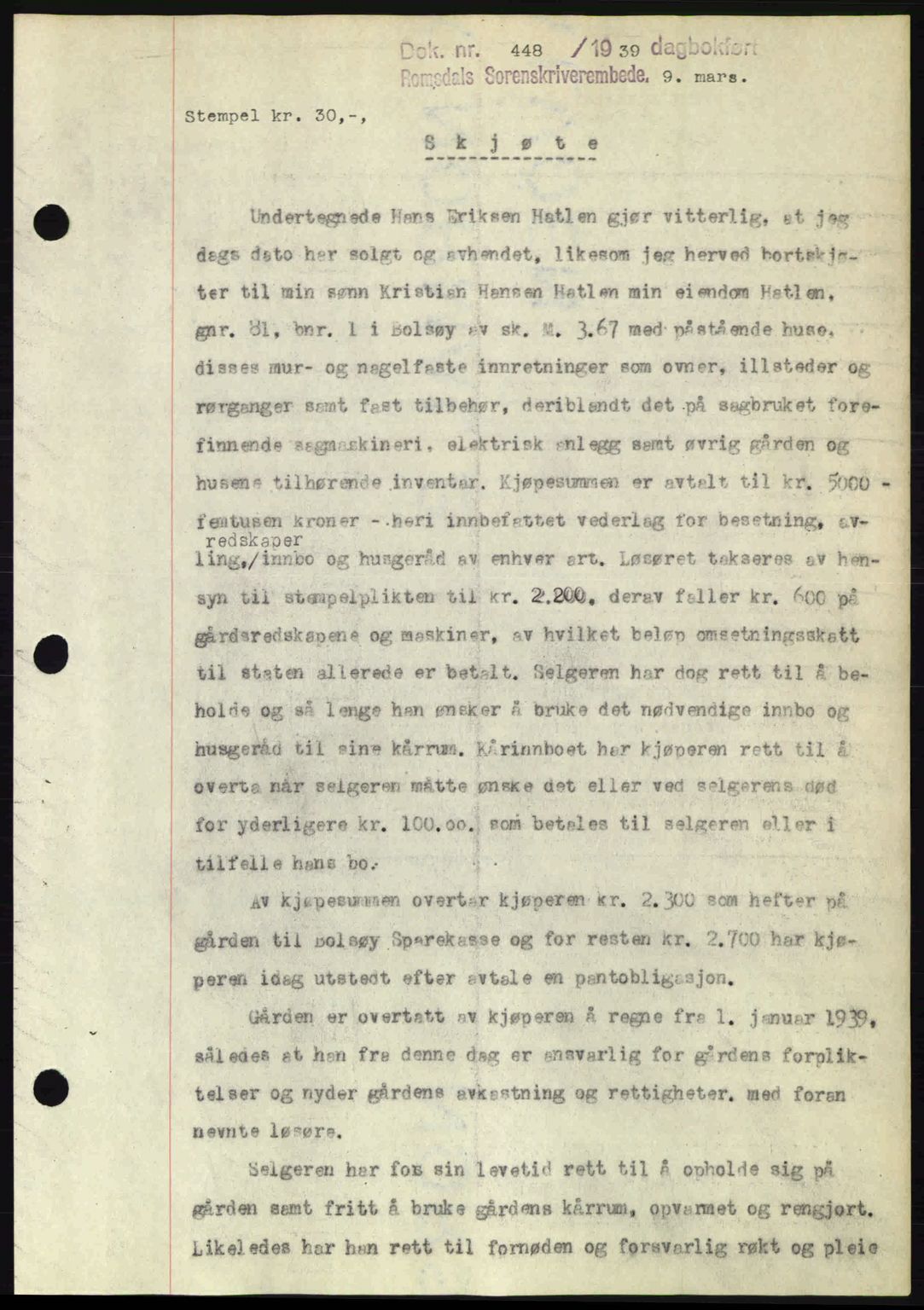 Romsdal sorenskriveri, AV/SAT-A-4149/1/2/2C: Mortgage book no. A6, 1938-1939, Diary no: : 448/1939