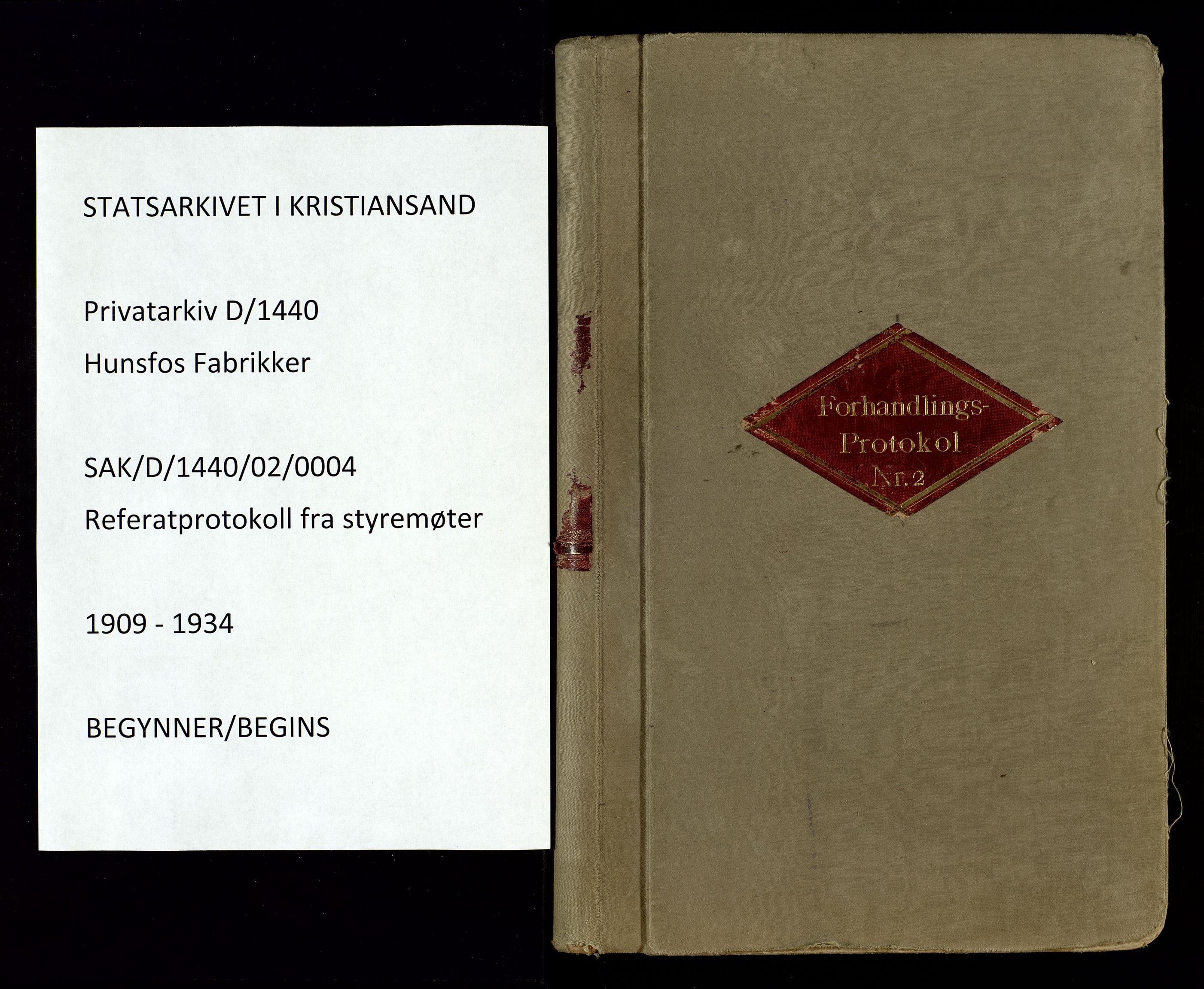 Hunsfos fabrikker, SAK/D/1440/02/L0004: Referatprotokoll fra styremøter, 1909-1934, p. 1