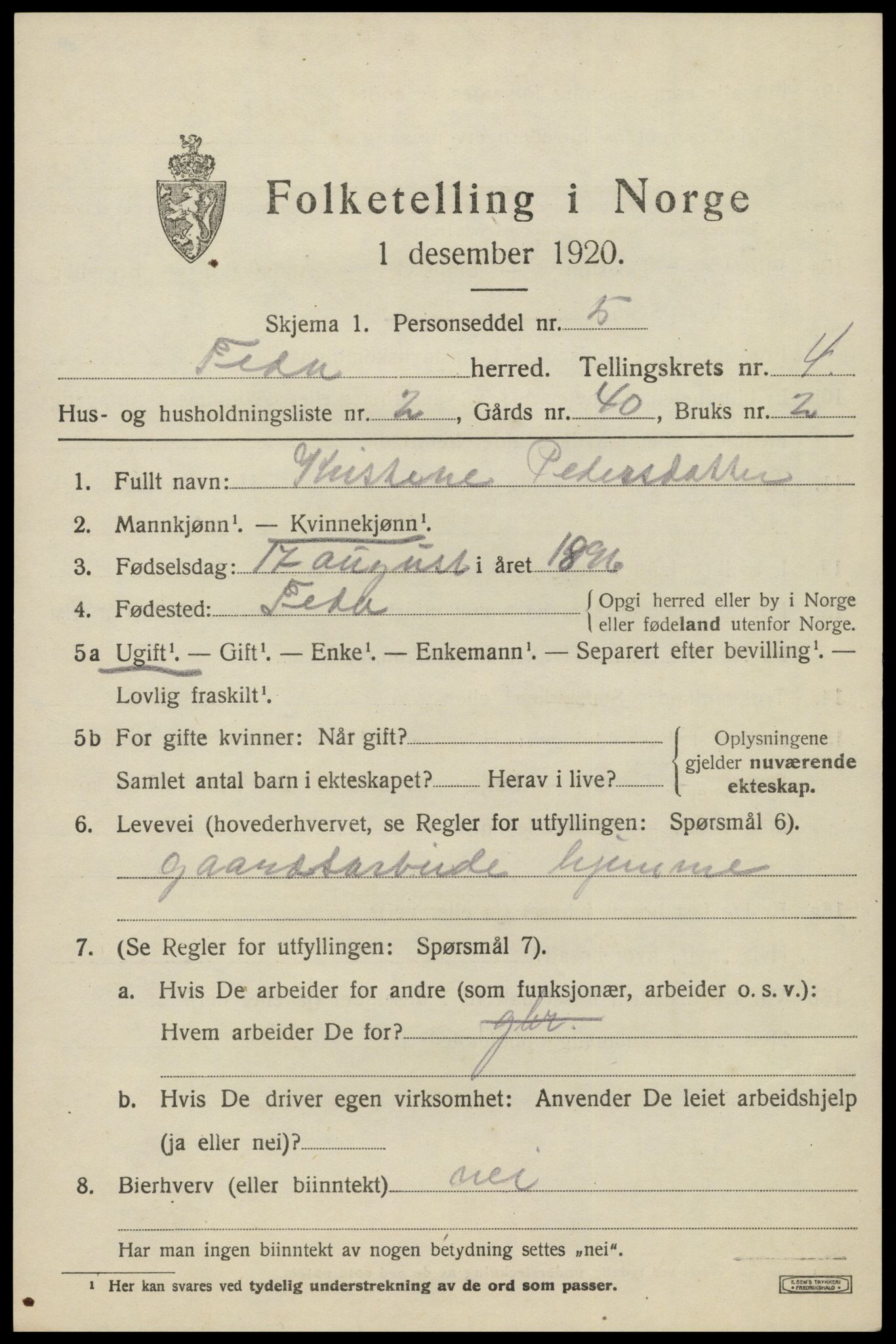 SAK, 1920 census for Feda, 1920, p. 1845