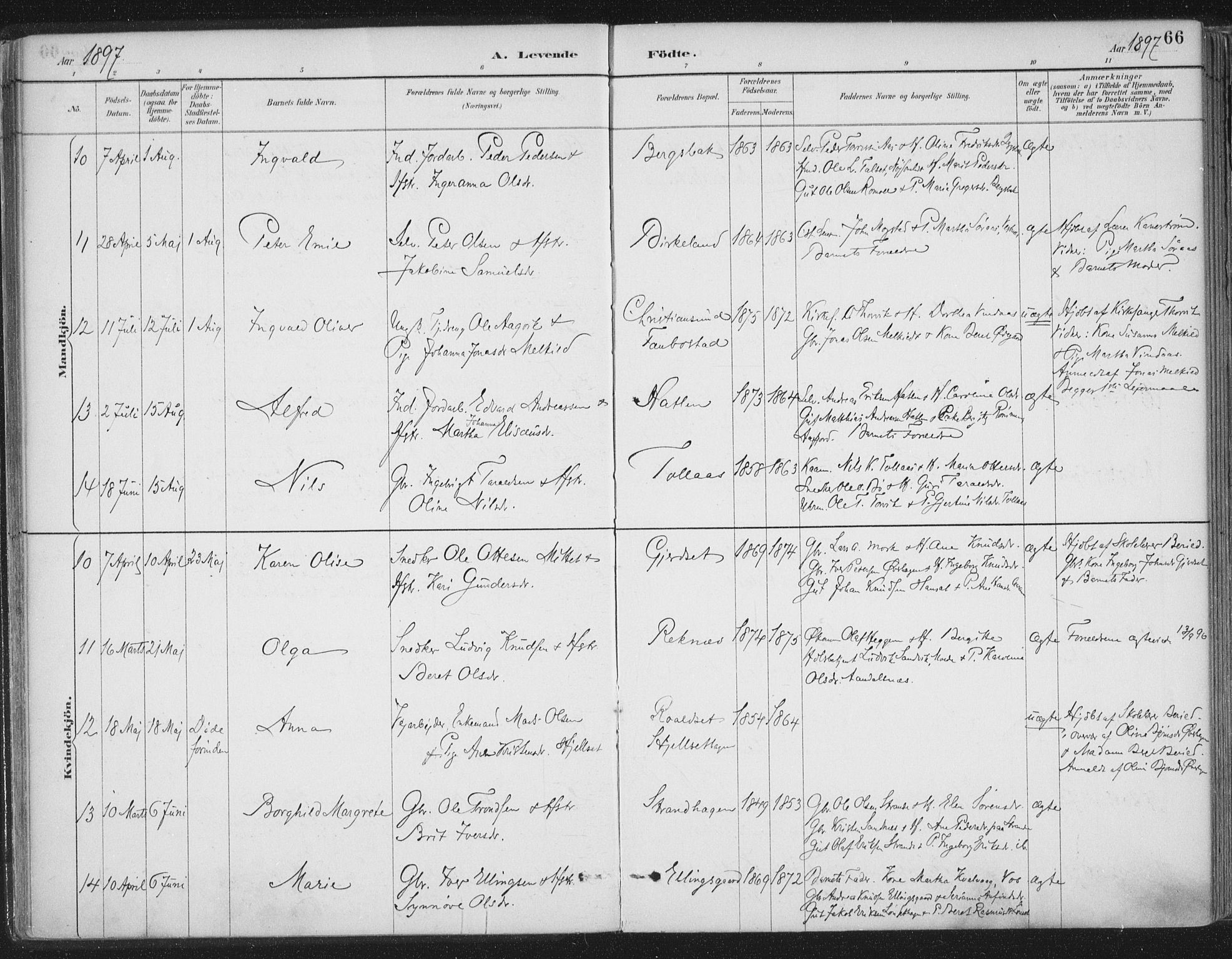 Ministerialprotokoller, klokkerbøker og fødselsregistre - Møre og Romsdal, SAT/A-1454/555/L0658: Parish register (official) no. 555A09, 1887-1917, p. 66