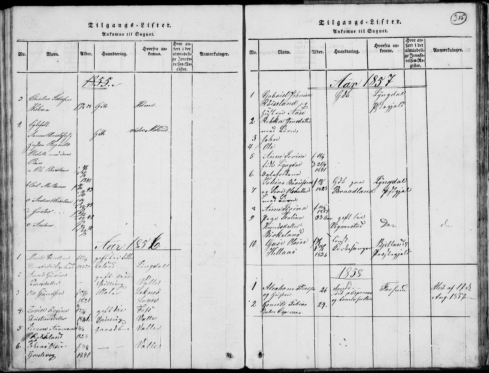 Nord-Audnedal sokneprestkontor, AV/SAK-1111-0032/F/Fb/Fbb/L0001: Parish register (copy) no. B 1, 1816-1858, p. 315