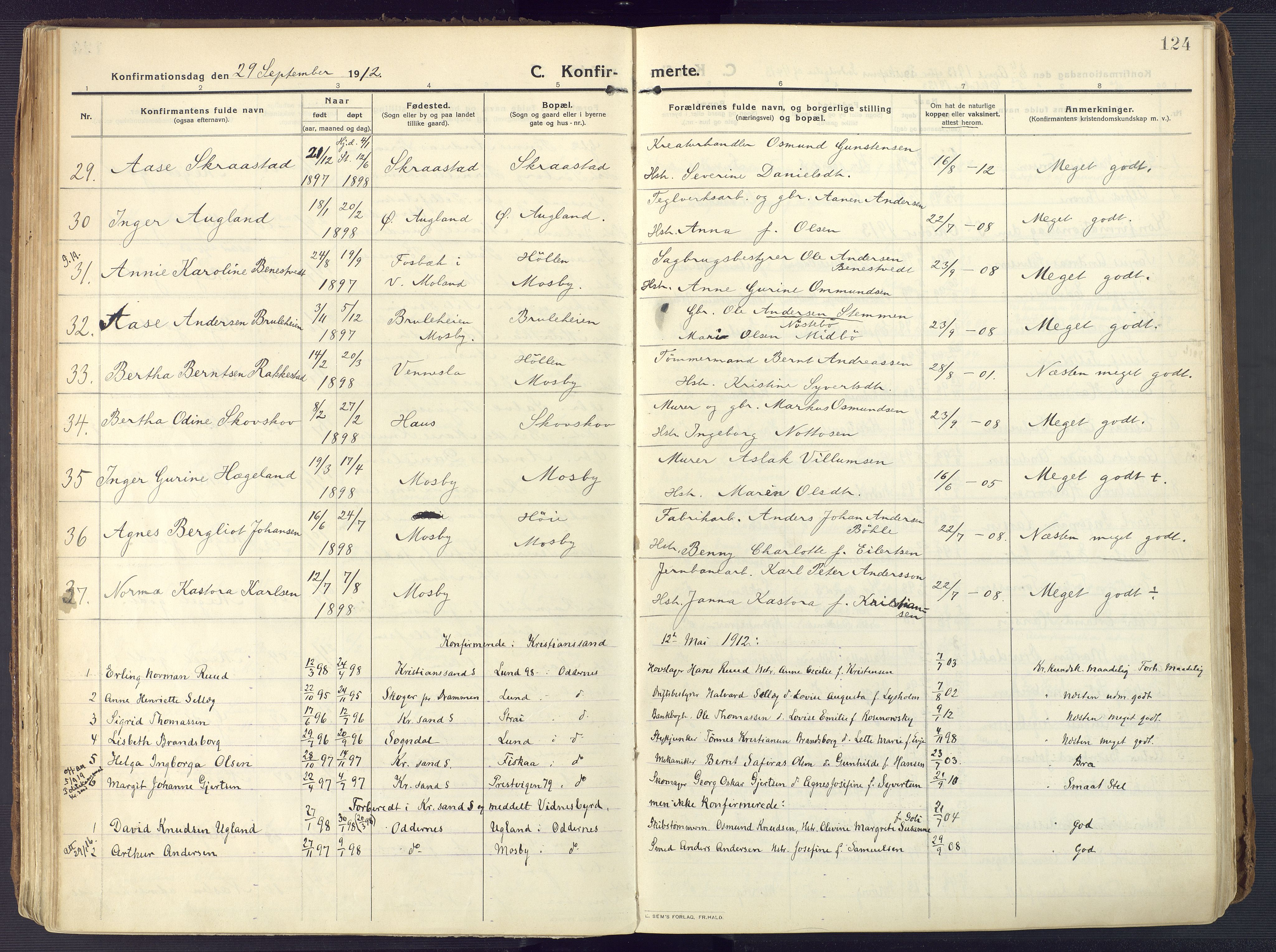 Oddernes sokneprestkontor, AV/SAK-1111-0033/F/Fa/Faa/L0012: Parish register (official) no. A 12, 1912-1925, p. 124