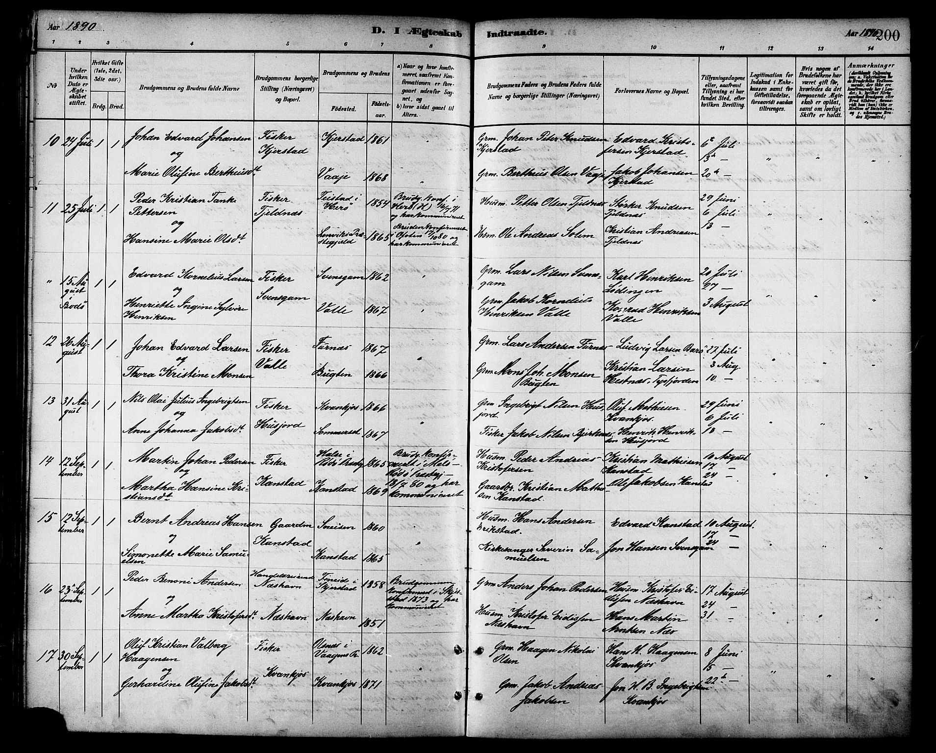 Ministerialprotokoller, klokkerbøker og fødselsregistre - Nordland, AV/SAT-A-1459/872/L1035: Parish register (official) no. 872A10, 1884-1896, p. 200