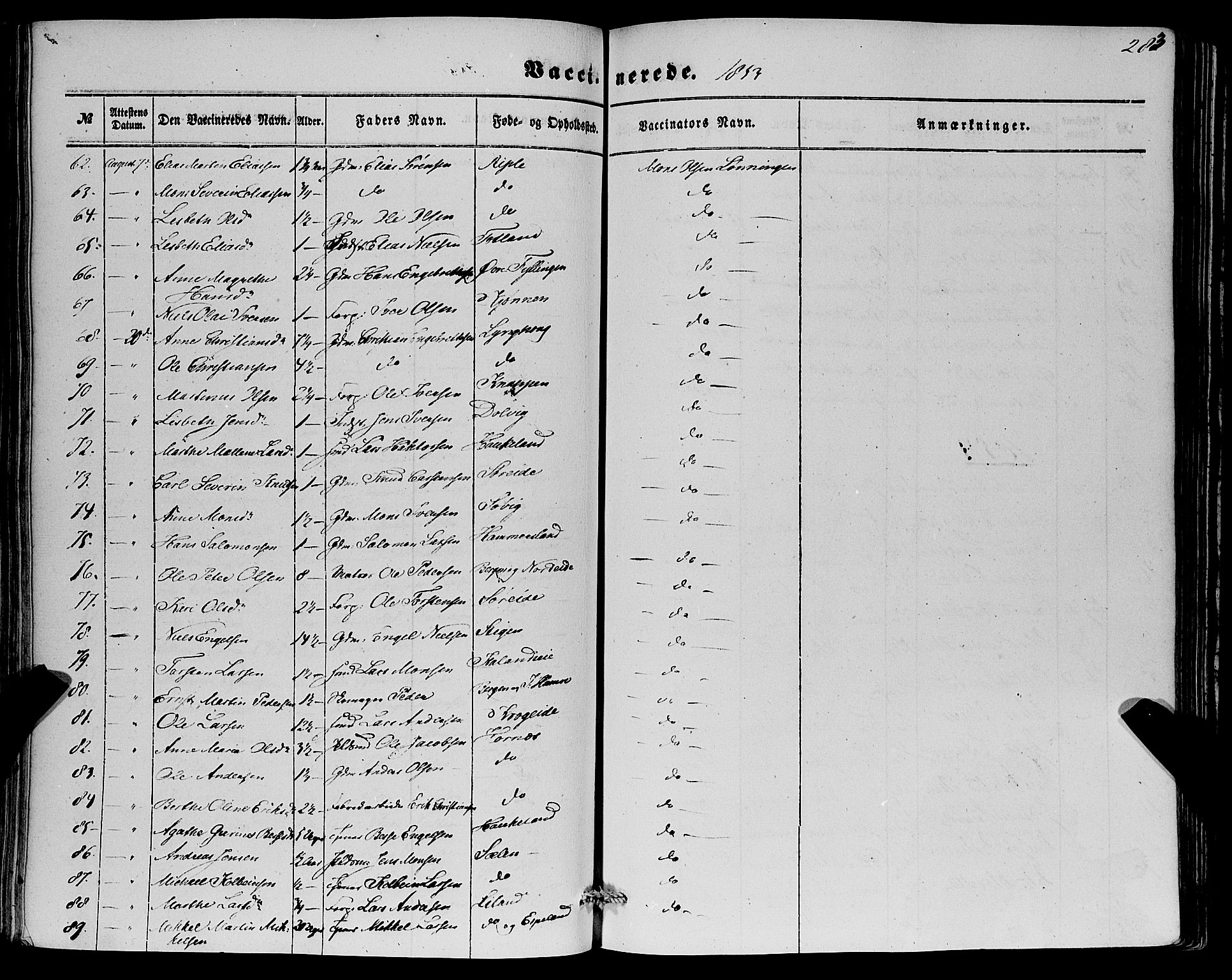 Fana Sokneprestembete, SAB/A-75101/H/Haa/Haaa/L0011: Parish register (official) no. A 11, 1851-1862, p. 283