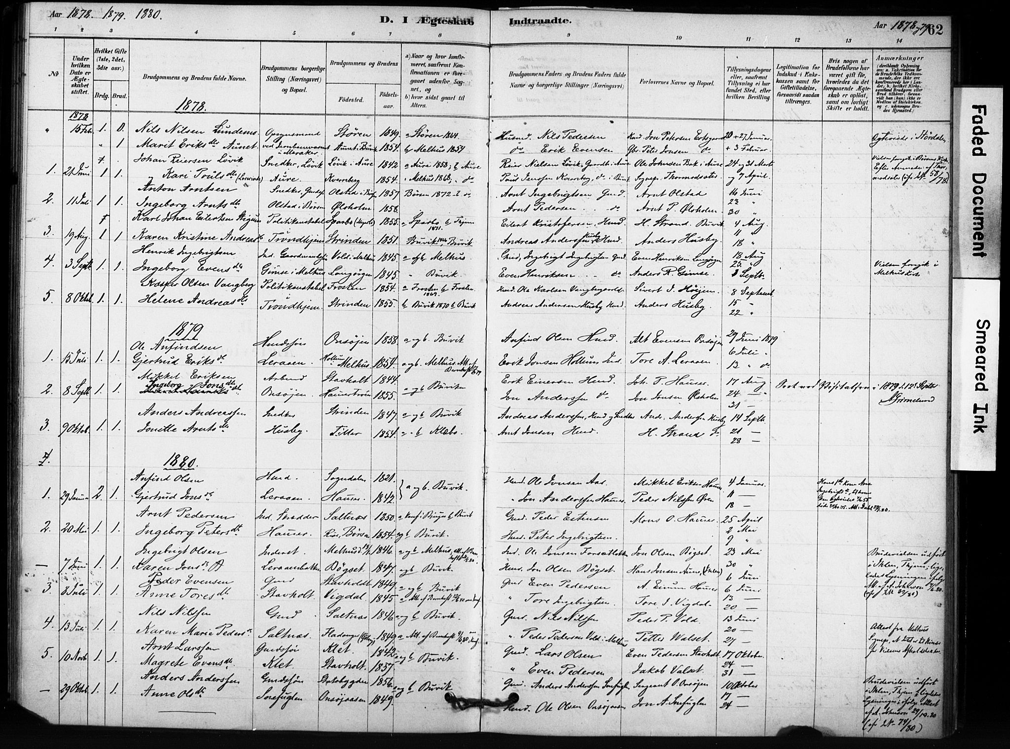 Ministerialprotokoller, klokkerbøker og fødselsregistre - Sør-Trøndelag, SAT/A-1456/666/L0786: Parish register (official) no. 666A04, 1878-1895, p. 62