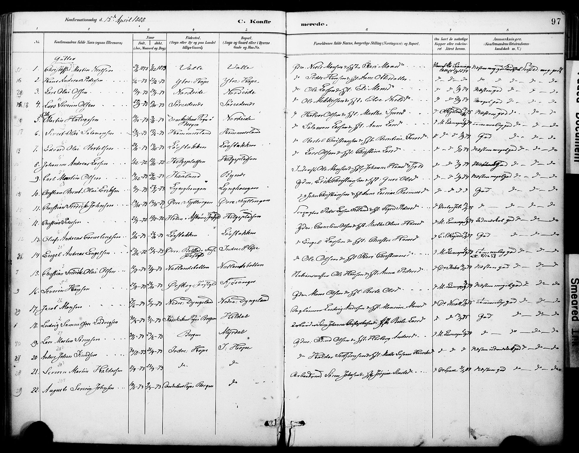 Fana Sokneprestembete, AV/SAB-A-75101/H/Haa/Haai/L0002: Parish register (official) no. I 2, 1888-1899, p. 97