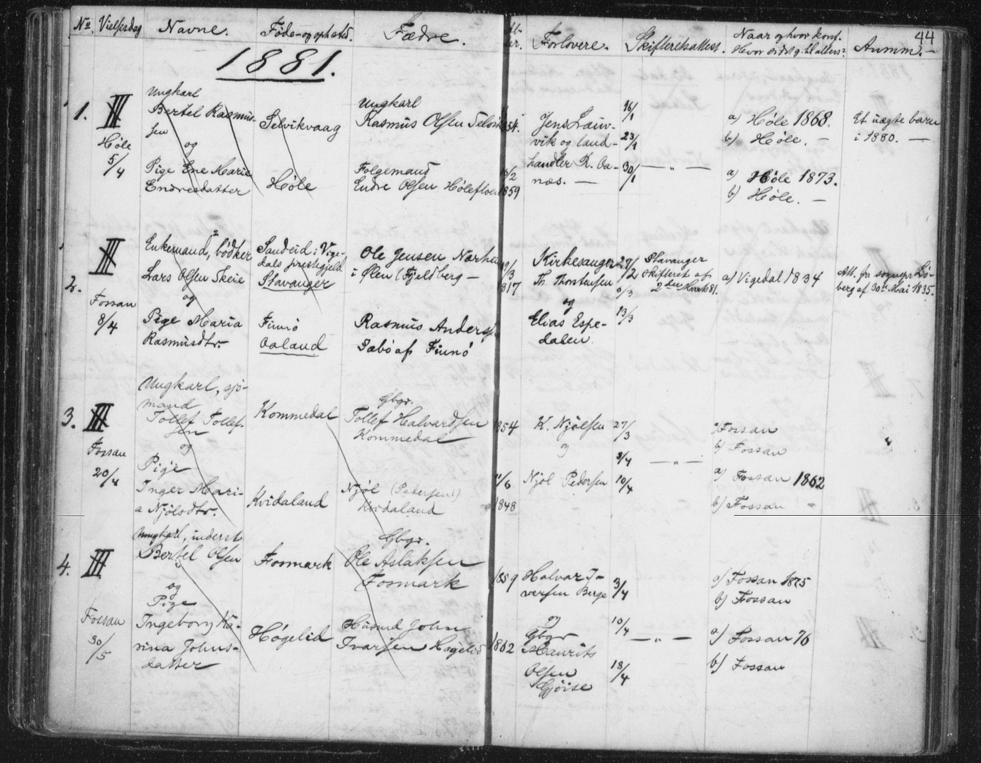 Høgsfjord sokneprestkontor, SAST/A-101624/I/Ie/L0001: Banns register no. 705.BA.1, 1871-1899, p. 44