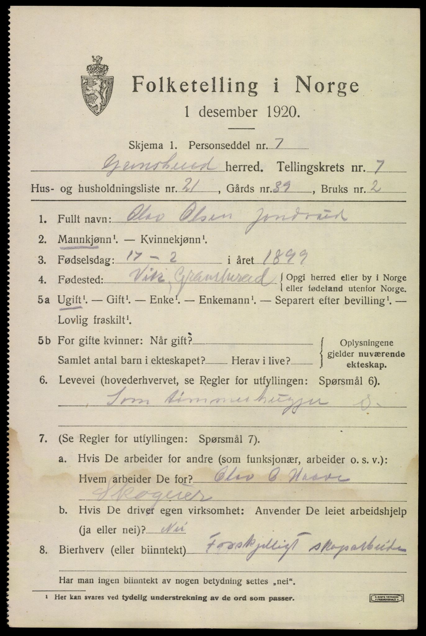 SAKO, 1920 census for Gransherad, 1920, p. 3126