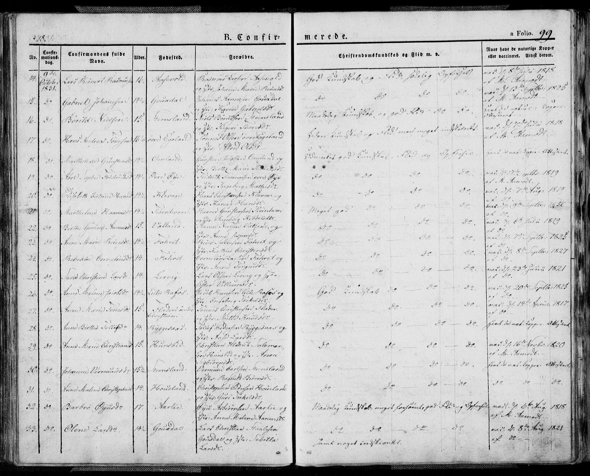 Kvinesdal sokneprestkontor, AV/SAK-1111-0026/F/Fa/Fab/L0004: Parish register (official) no. A 4, 1829-1843, p. 99