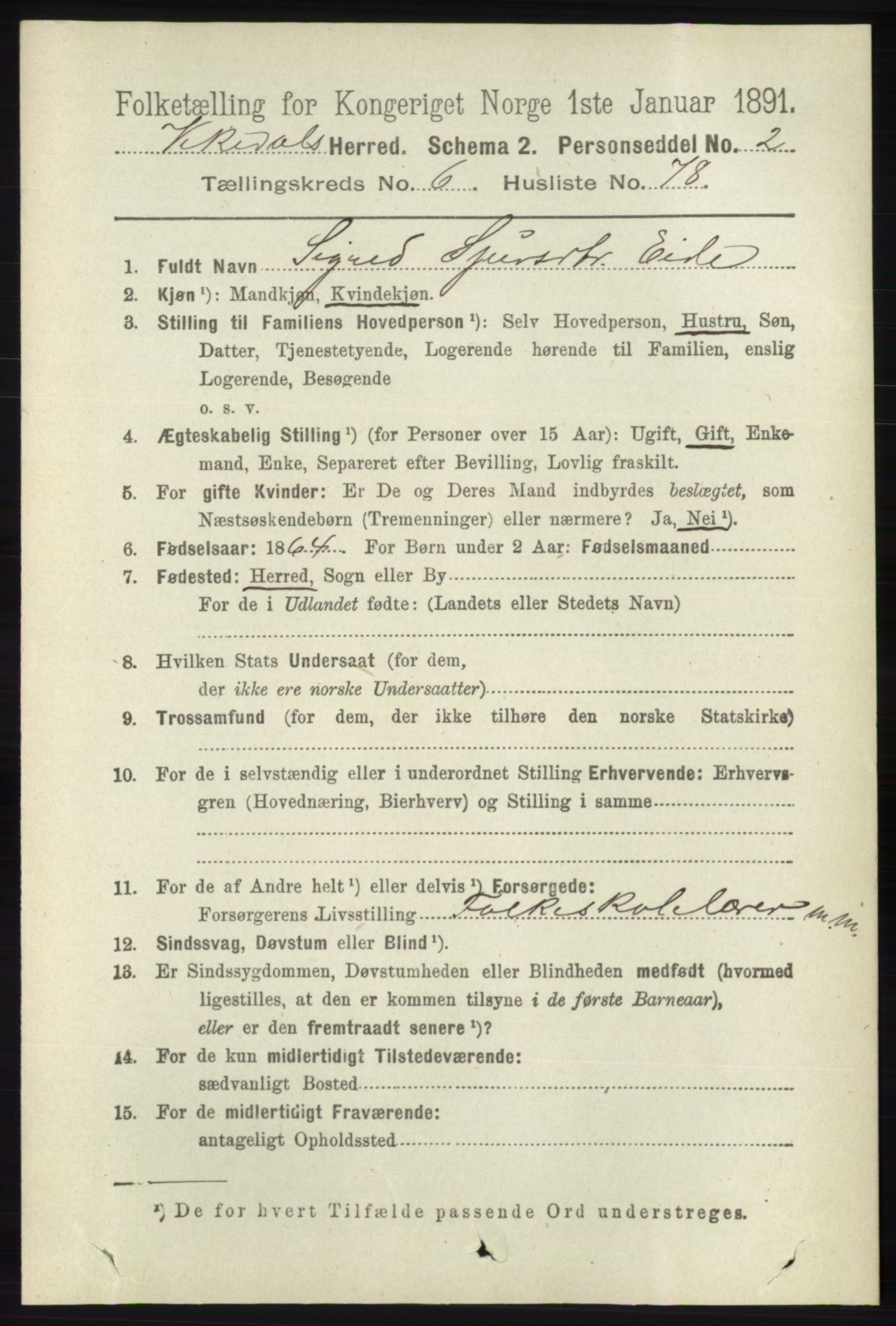 RA, 1891 census for 1157 Vikedal, 1891, p. 1989