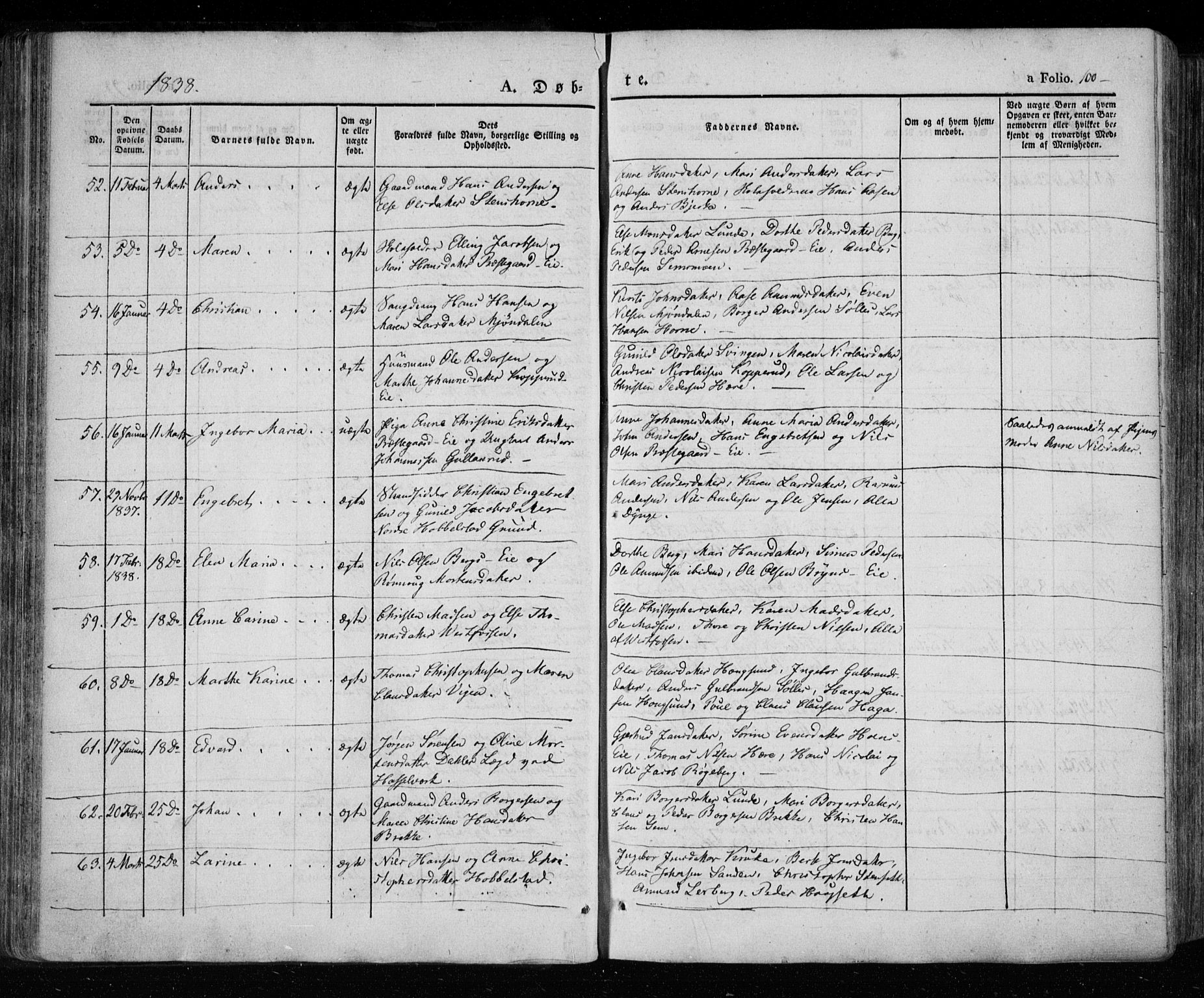 Eiker kirkebøker, SAKO/A-4/F/Fa/L0013a: Parish register (official) no. I 13A, 1832-1845, p. 100