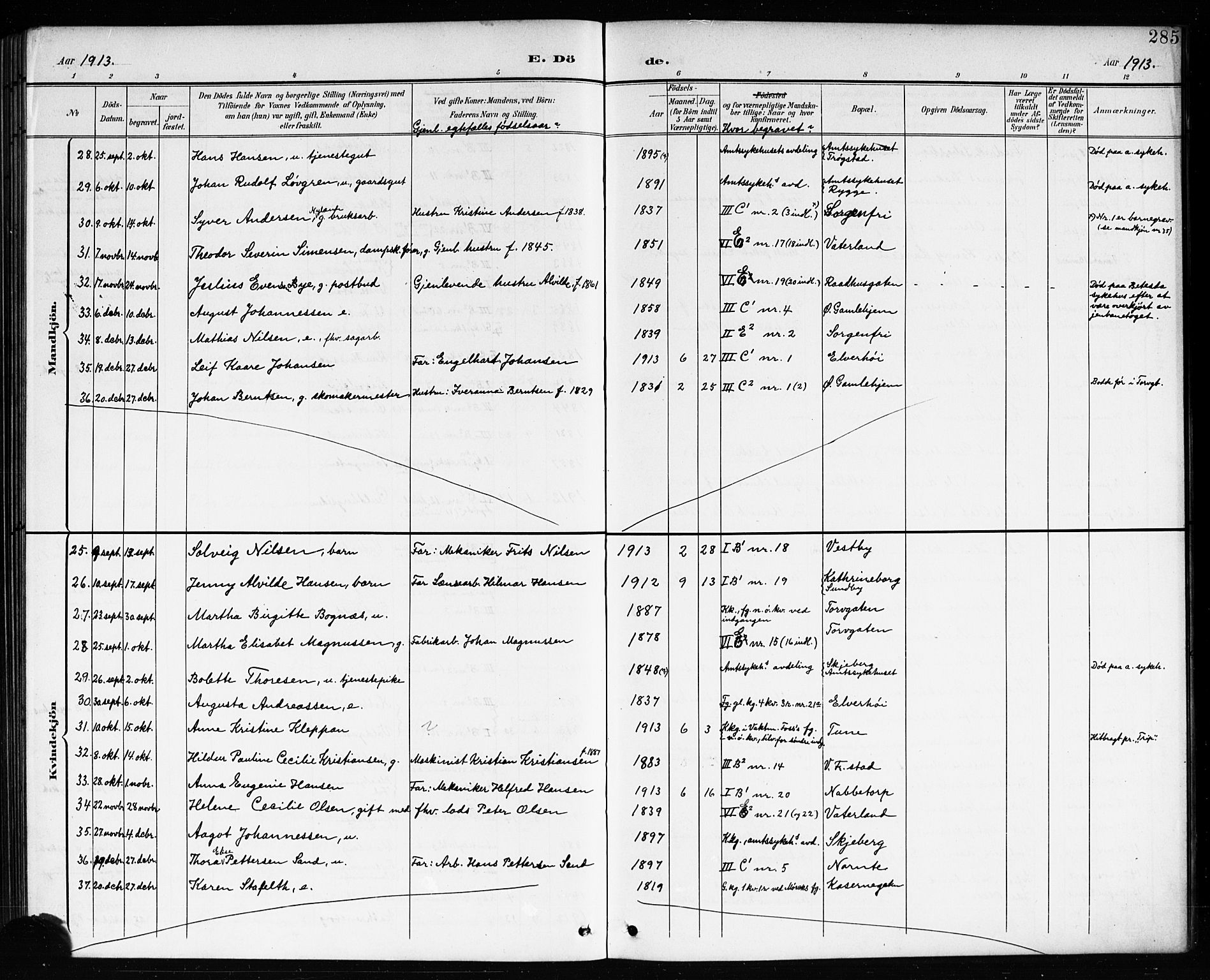 Østre Fredrikstad prestekontor Kirkebøker, AV/SAO-A-10907/G/Ga/L0002: Parish register (copy) no. 2, 1900-1919, p. 285