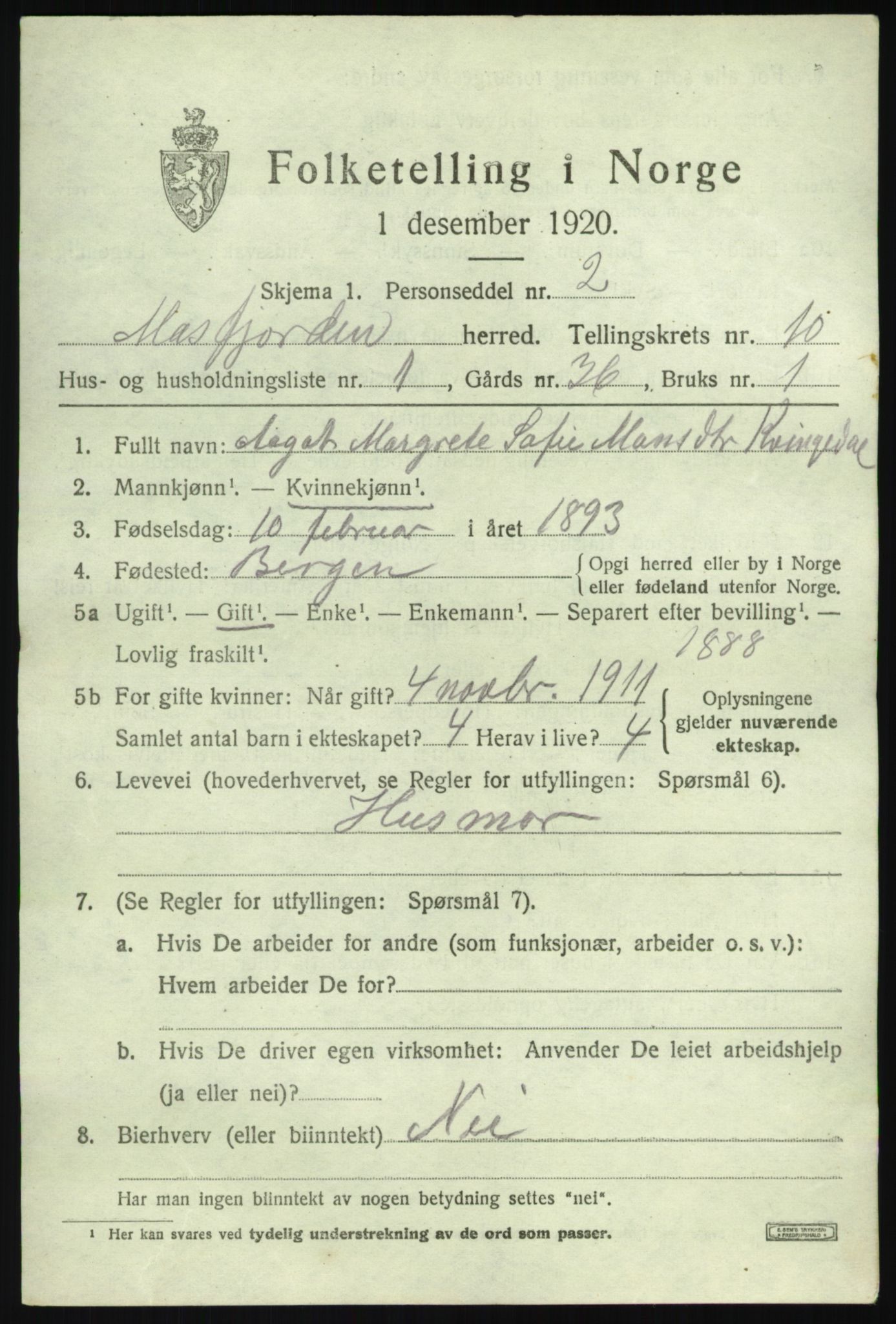 SAB, 1920 census for Masfjorden, 1920, p. 3665