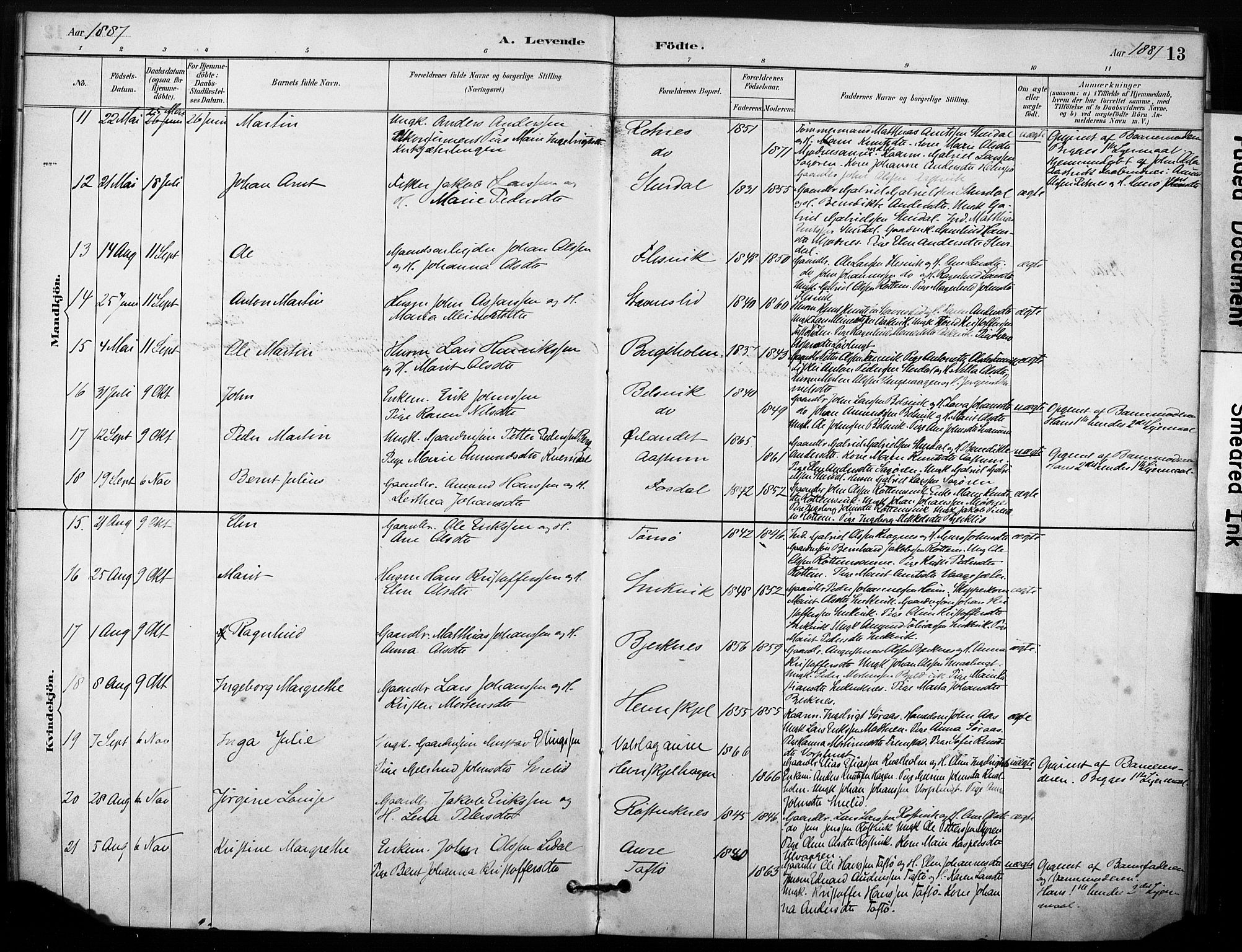 Ministerialprotokoller, klokkerbøker og fødselsregistre - Sør-Trøndelag, SAT/A-1456/633/L0518: Parish register (official) no. 633A01, 1884-1906, p. 13