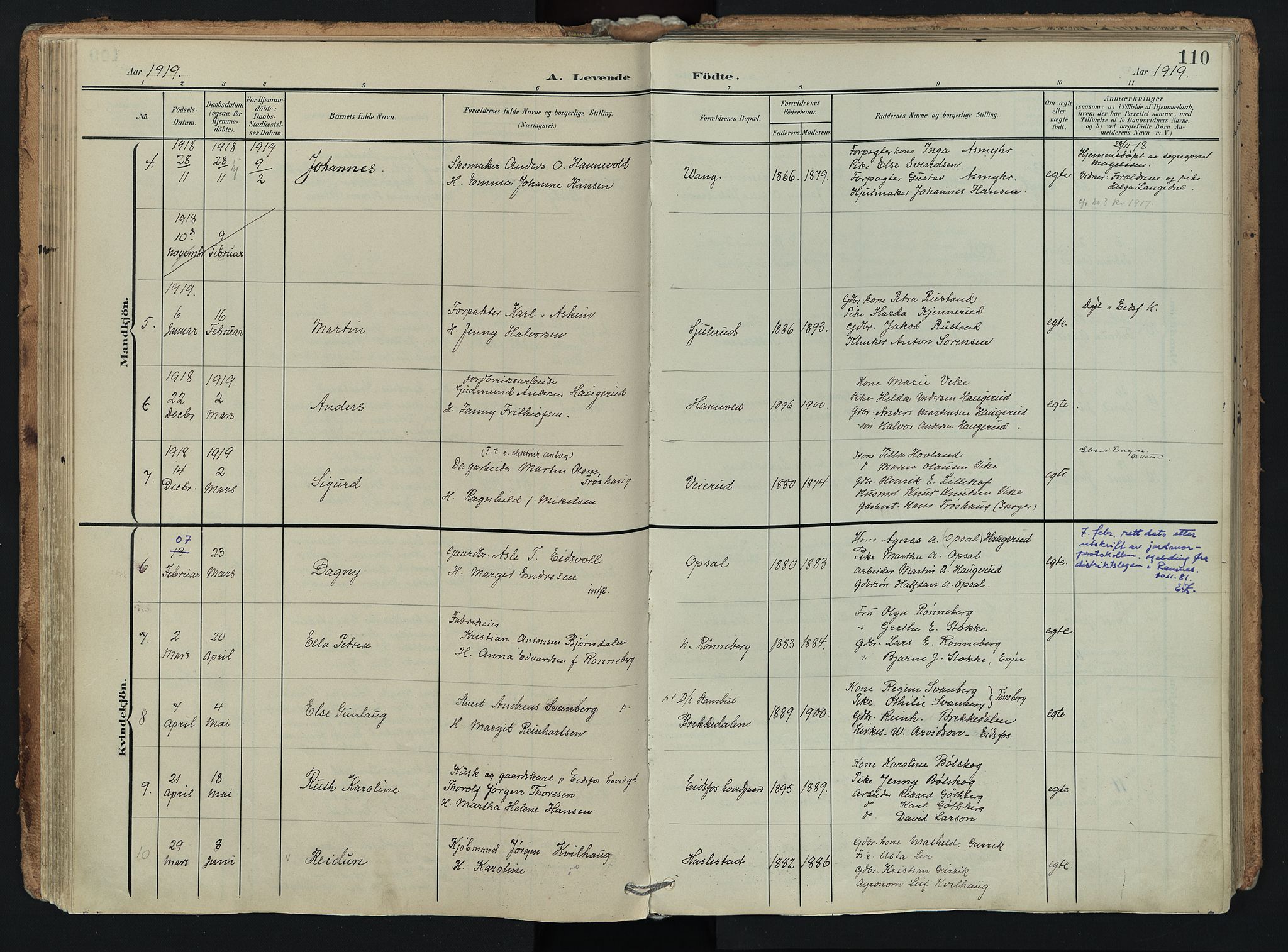 Hof kirkebøker, AV/SAKO-A-64/F/Fa/L0008: Parish register (official) no. I 8, 1902-1921, p. 110