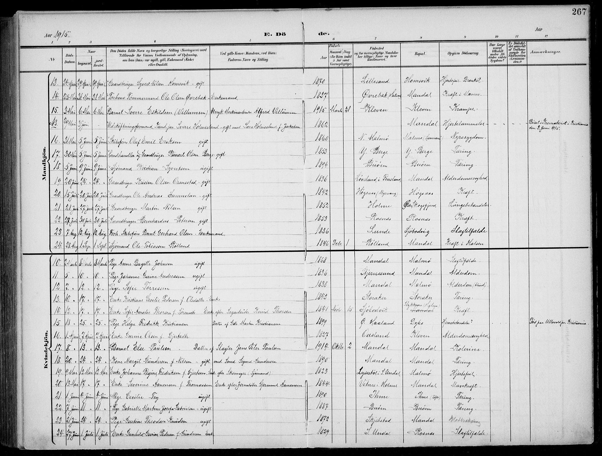 Mandal sokneprestkontor, AV/SAK-1111-0030/F/Fb/Fba/L0012: Parish register (copy) no. B 6, 1899-1918, p. 267