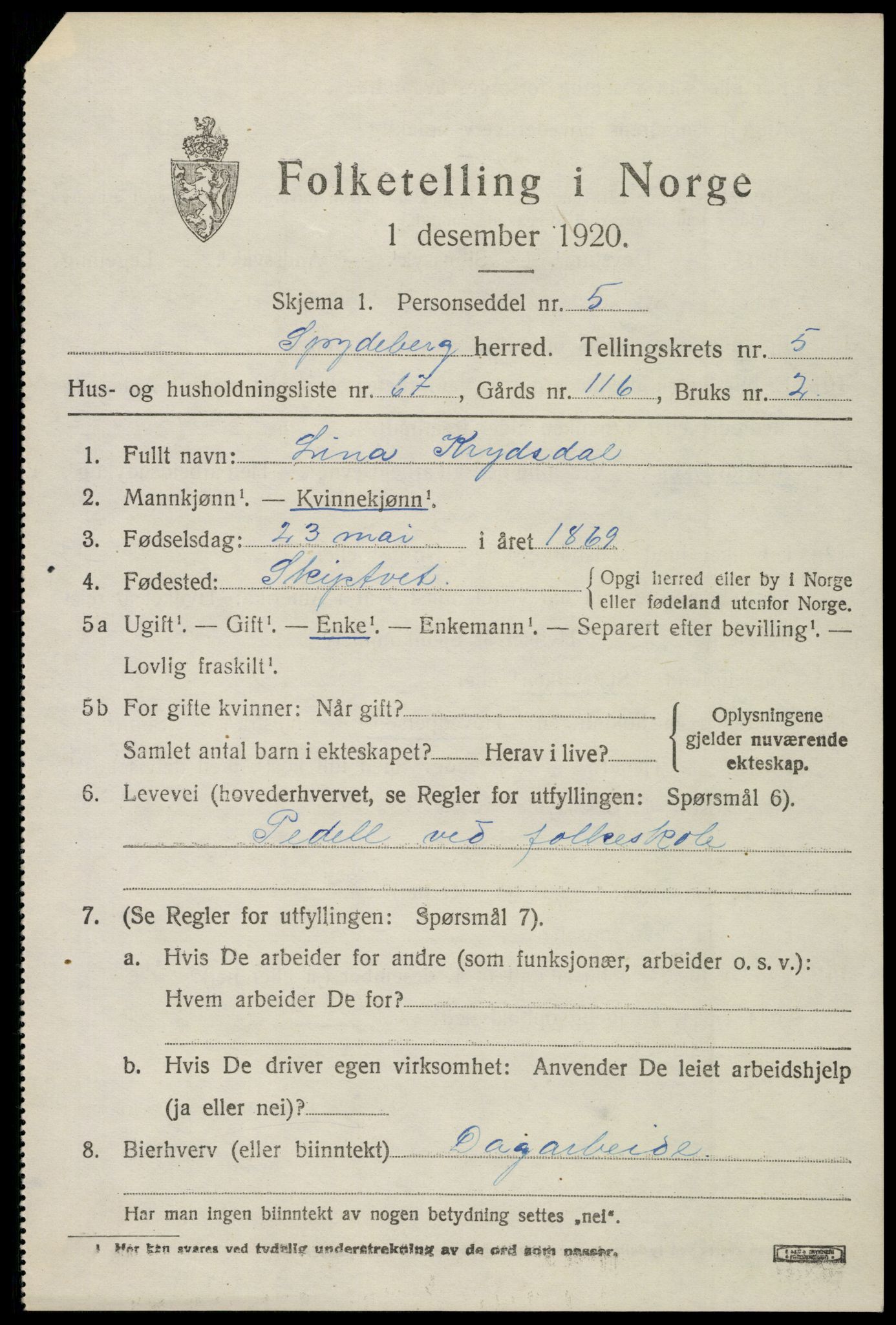 SAO, 1920 census for Spydeberg, 1920, p. 6981