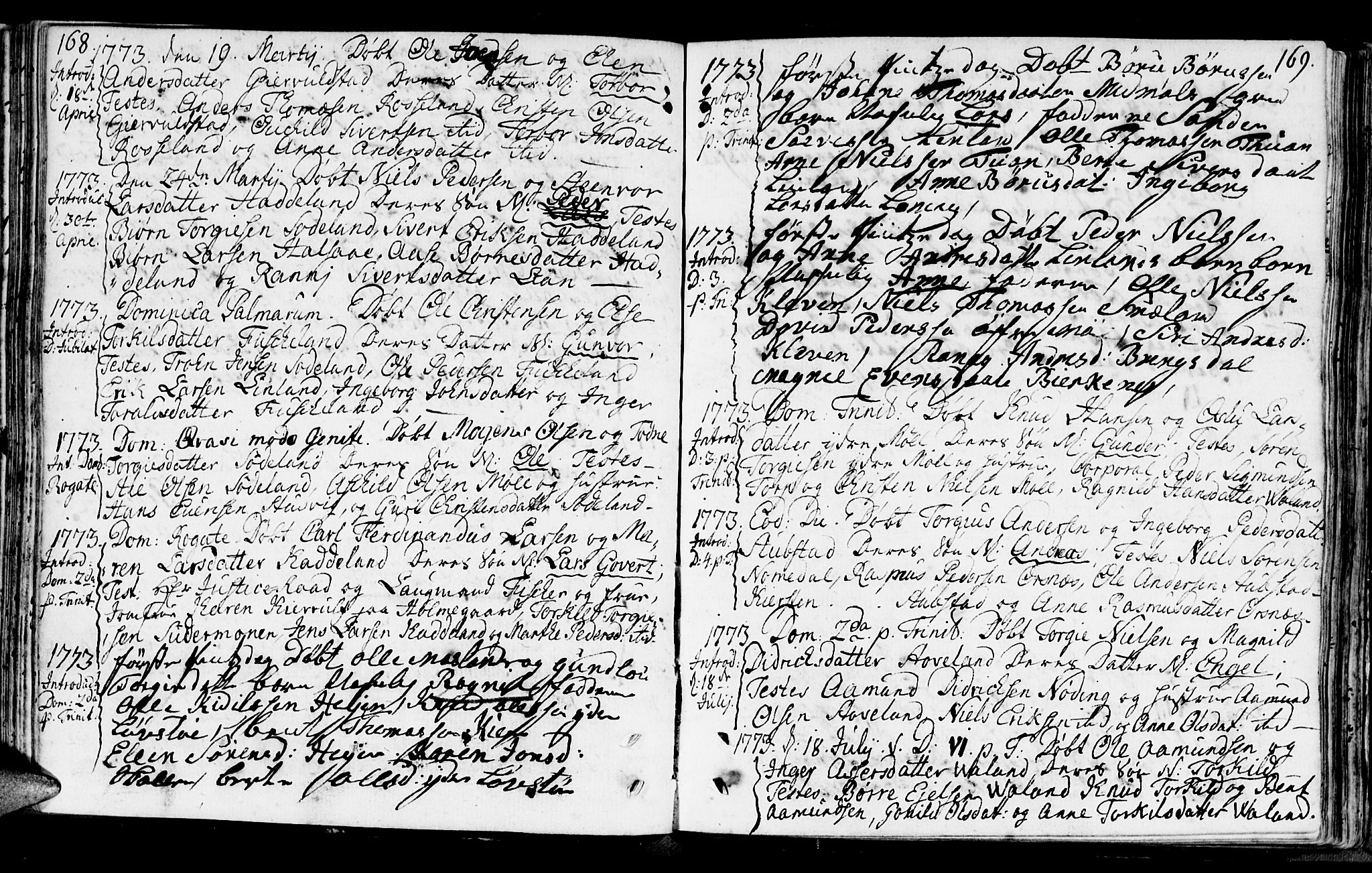 Holum sokneprestkontor, AV/SAK-1111-0022/F/Fa/Faa/L0002: Parish register (official) no. A 2, 1756-1780, p. 168-169