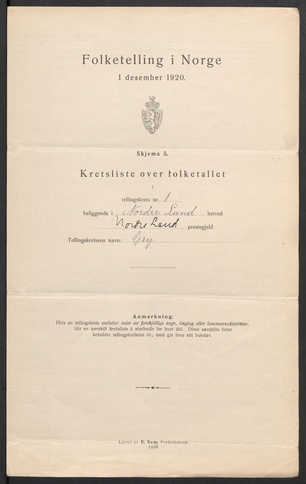 SAH, 1920 census for Nordre Land, 1920, p. 14