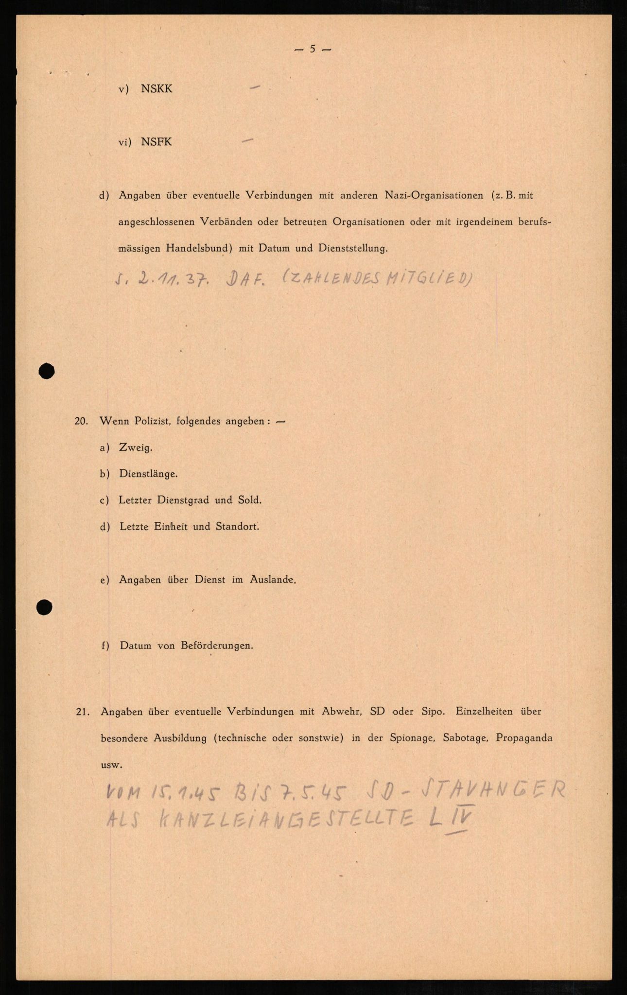 Forsvaret, Forsvarets overkommando II, RA/RAFA-3915/D/Db/L0007: CI Questionaires. Tyske okkupasjonsstyrker i Norge. Tyskere., 1945-1946, p. 171