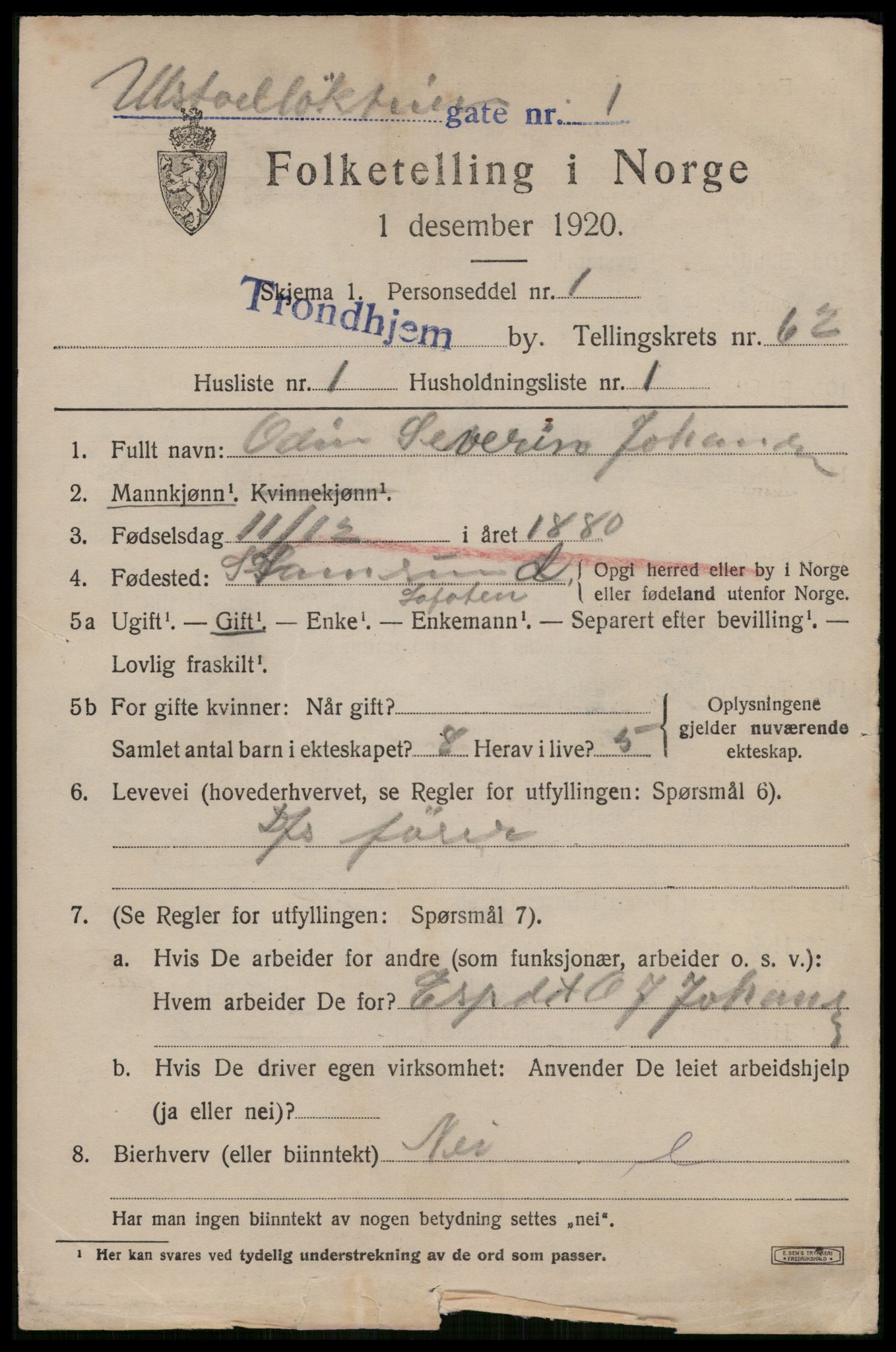 SAT, 1920 census for Trondheim, 1920, p. 123730