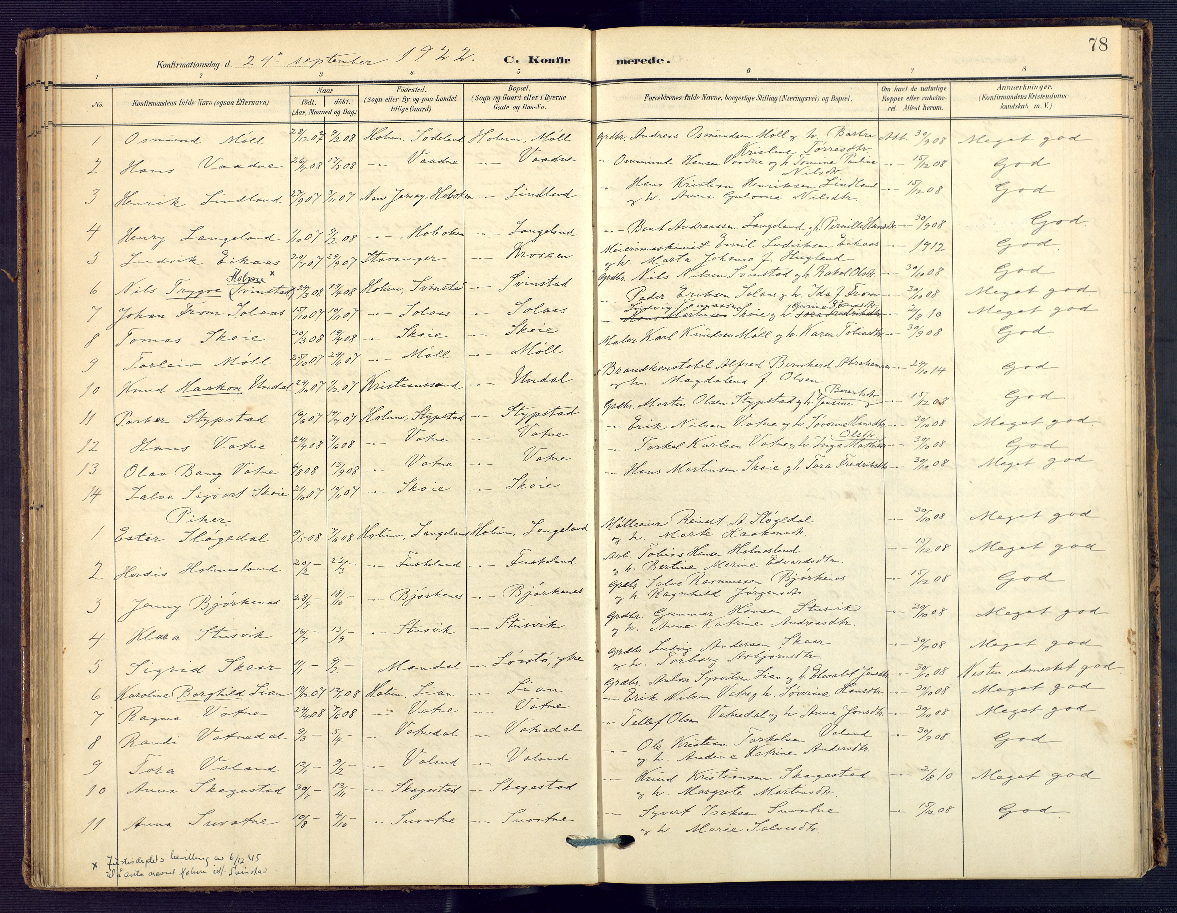 Holum sokneprestkontor, AV/SAK-1111-0022/F/Fa/Faa/L0008: Parish register (official) no. A 8, 1908-1929, p. 78