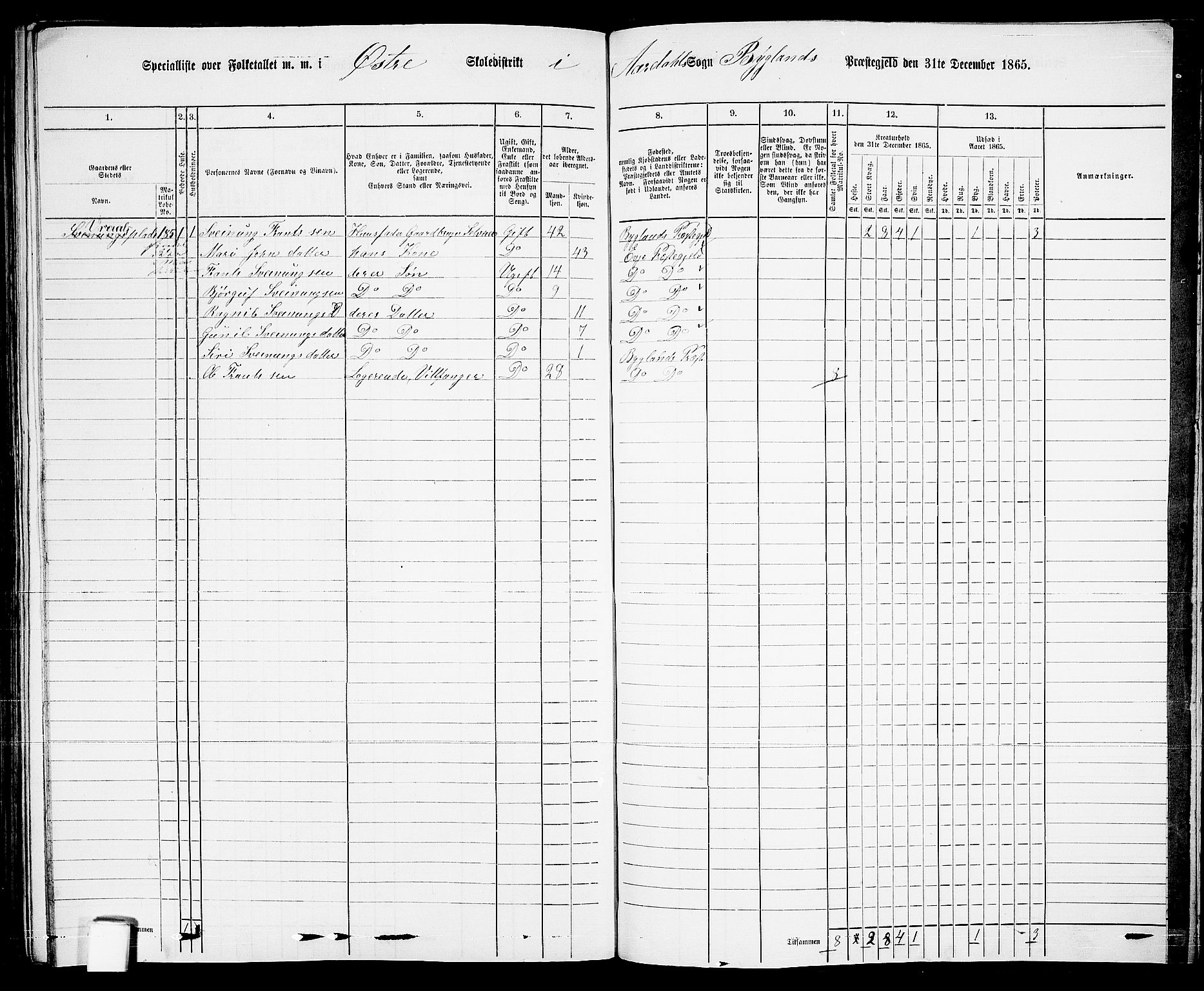 RA, 1865 census for Bygland, 1865, p. 88