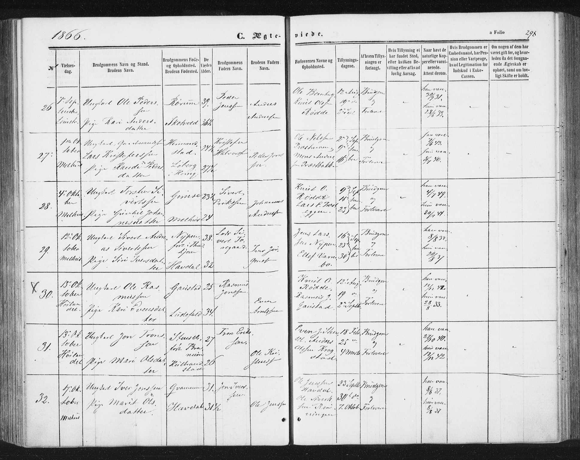 Ministerialprotokoller, klokkerbøker og fødselsregistre - Sør-Trøndelag, SAT/A-1456/691/L1077: Parish register (official) no. 691A09, 1862-1873, p. 298