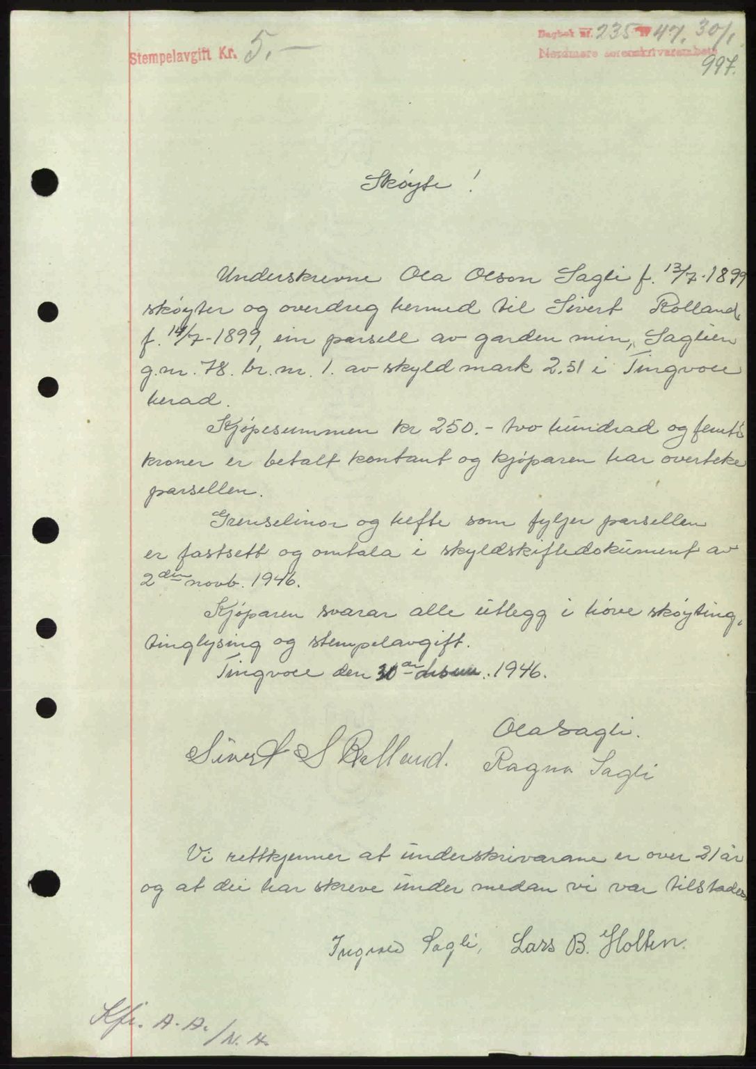 Nordmøre sorenskriveri, AV/SAT-A-4132/1/2/2Ca: Mortgage book no. A103, 1946-1947, Diary no: : 235/1947