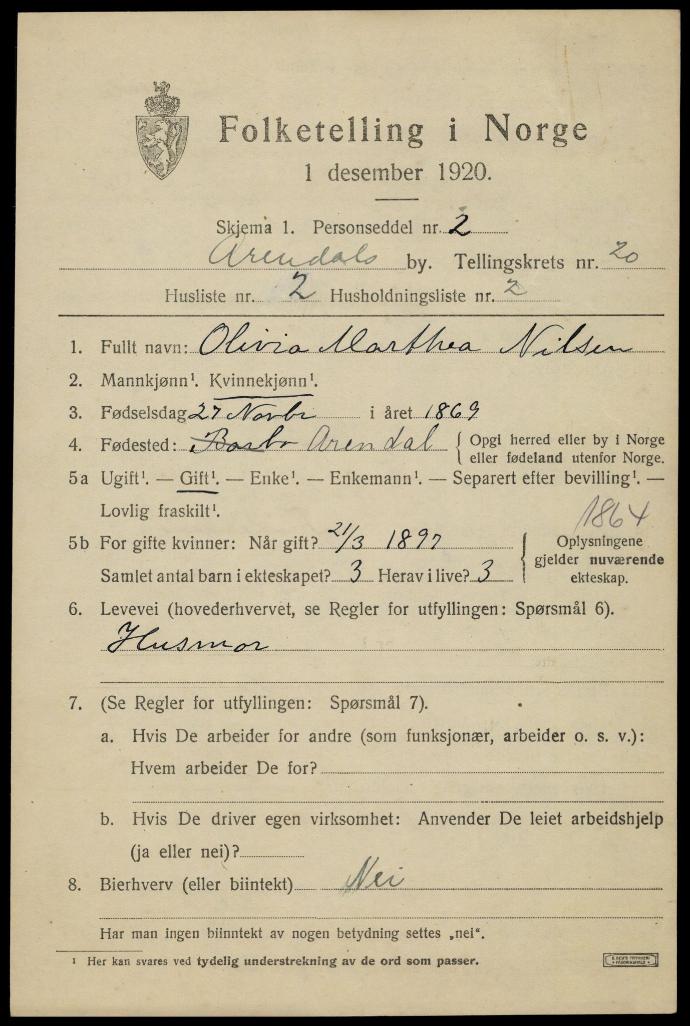 SAK, 1920 census for Arendal, 1920, p. 26862