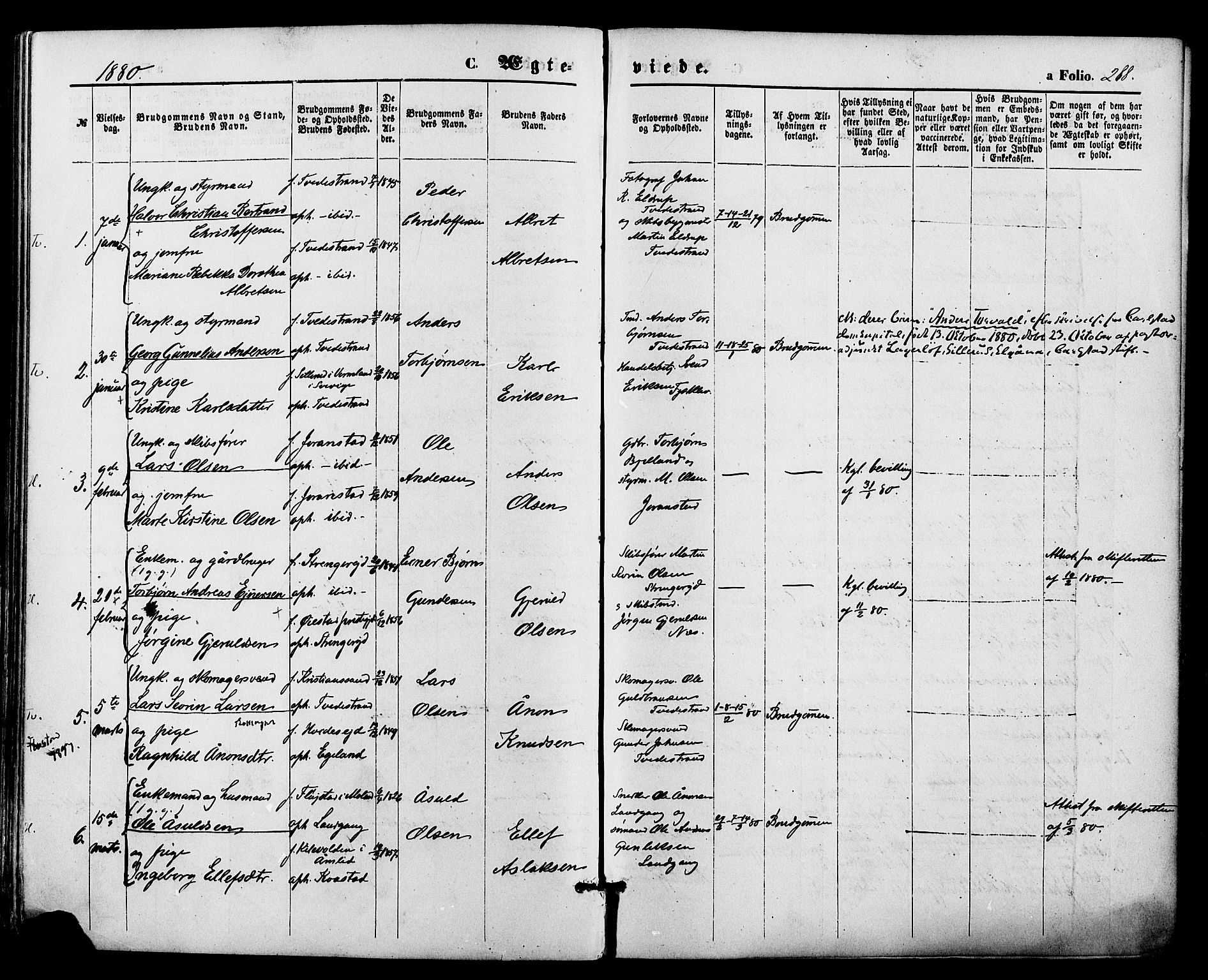 Holt sokneprestkontor, AV/SAK-1111-0021/F/Fa/L0010: Parish register (official) no. A 10, 1872-1885, p. 288