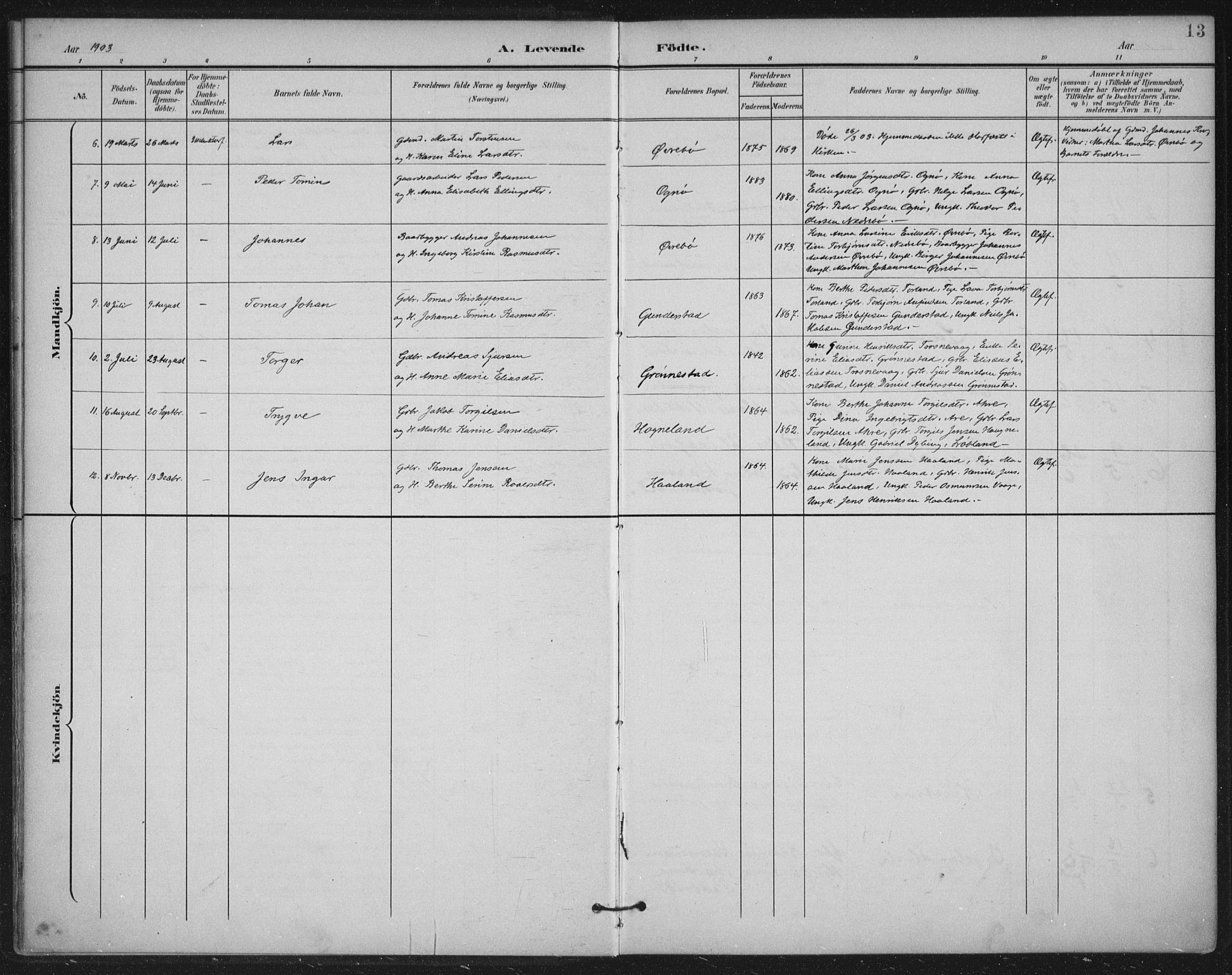 Tysvær sokneprestkontor, AV/SAST-A -101864/H/Ha/Haa/L0009: Parish register (official) no. A 9, 1898-1925, p. 13