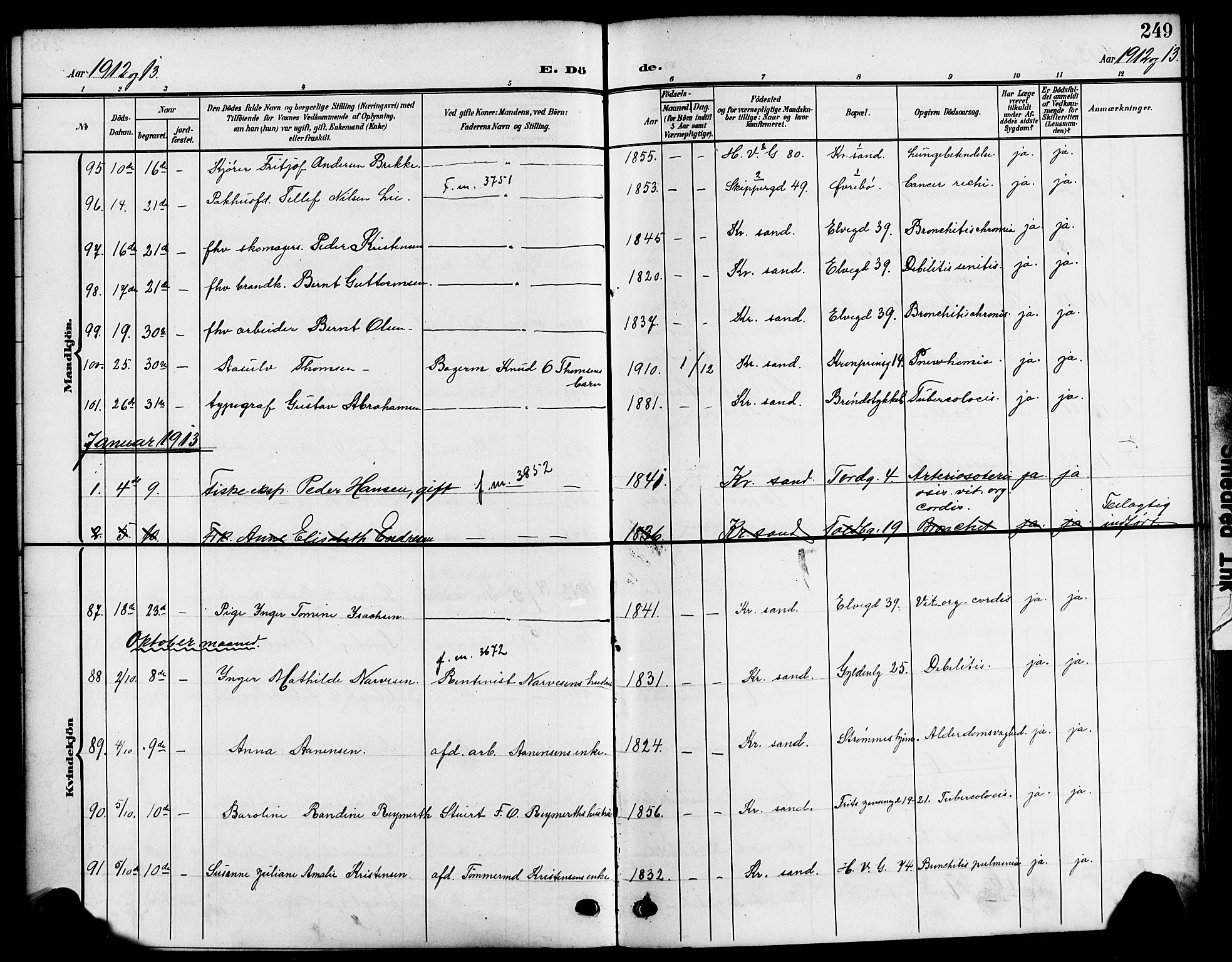 Kristiansand domprosti, SAK/1112-0006/F/Fb/L0020: Parish register (copy) no. B 20, 1906-1915, p. 249