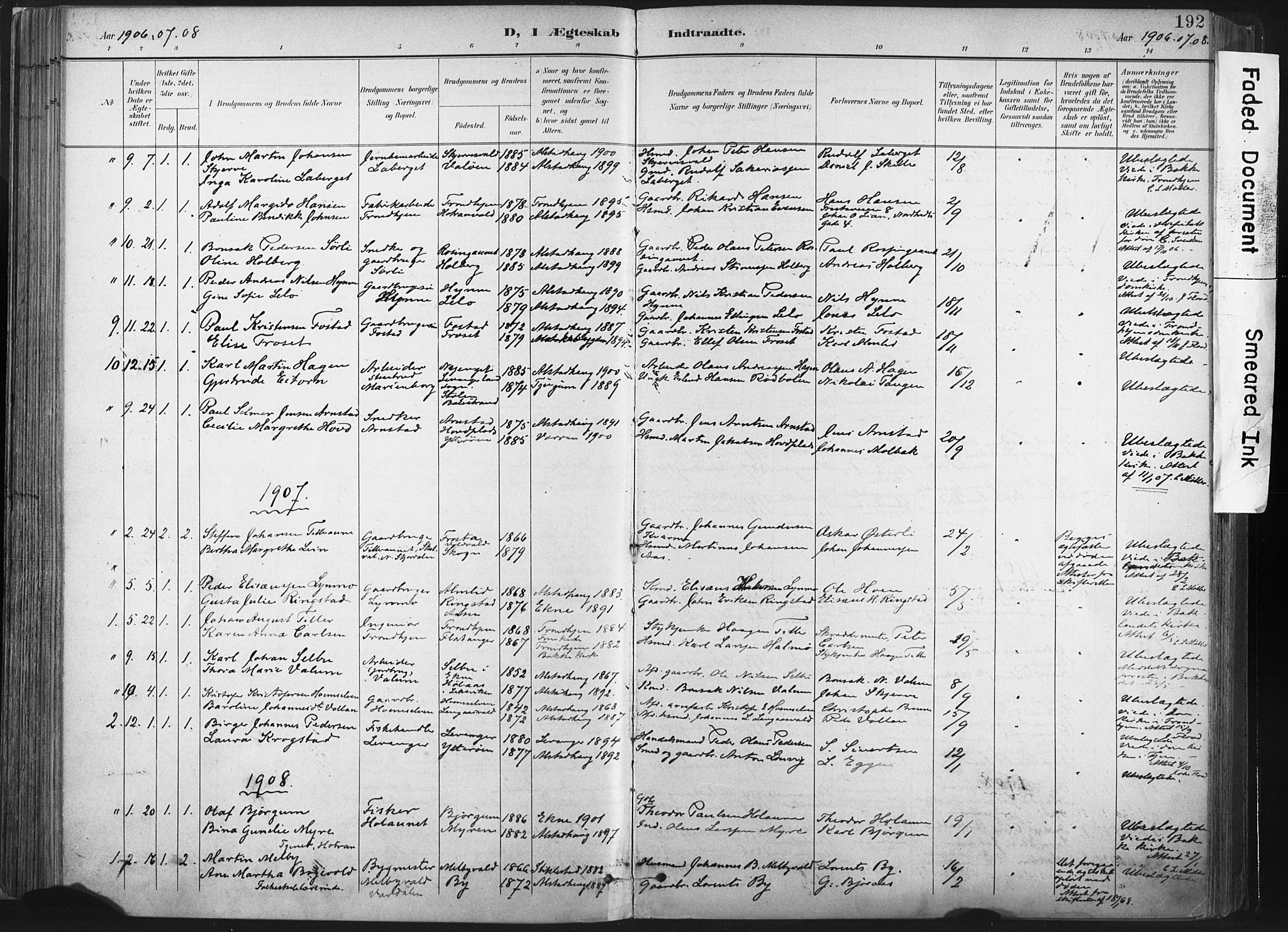 Ministerialprotokoller, klokkerbøker og fødselsregistre - Nord-Trøndelag, SAT/A-1458/717/L0162: Parish register (official) no. 717A12, 1898-1923, p. 192