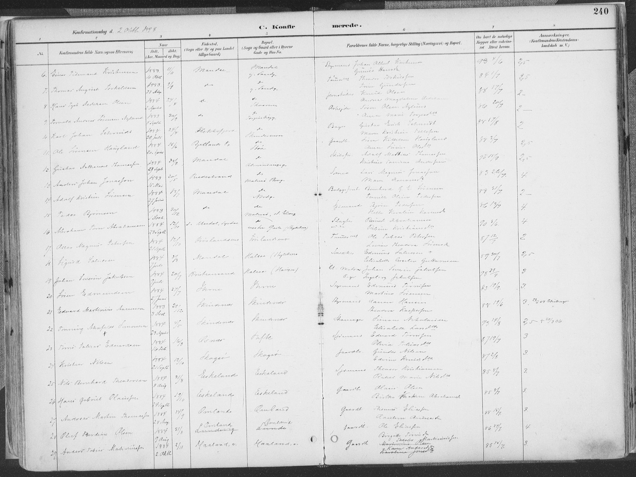 Mandal sokneprestkontor, AV/SAK-1111-0030/F/Fa/Faa/L0018: Parish register (official) no. A 18, 1890-1905, p. 240