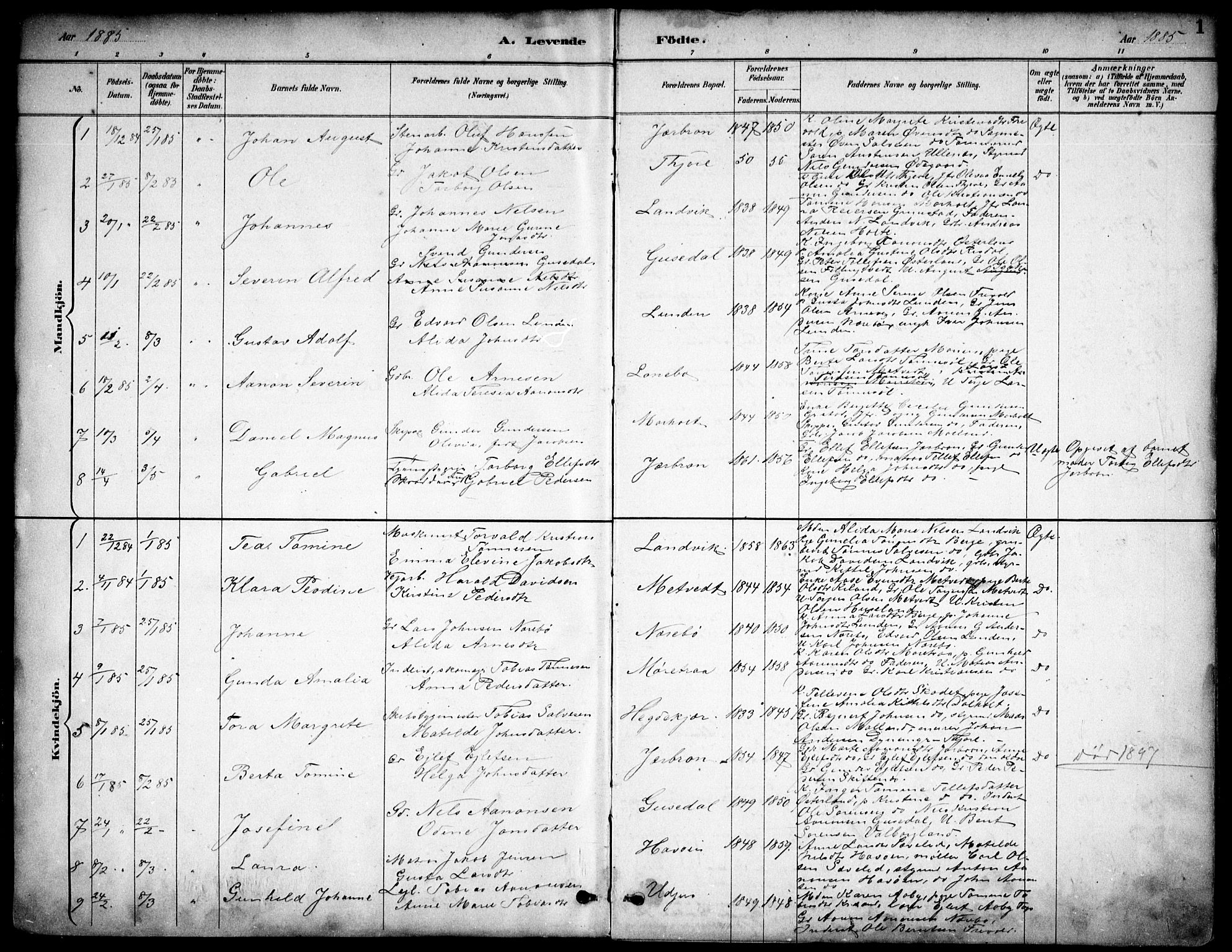 Hommedal sokneprestkontor, AV/SAK-1111-0023/F/Fb/Fbb/L0007: Parish register (copy) no. B 7, 1885-1904, p. 1