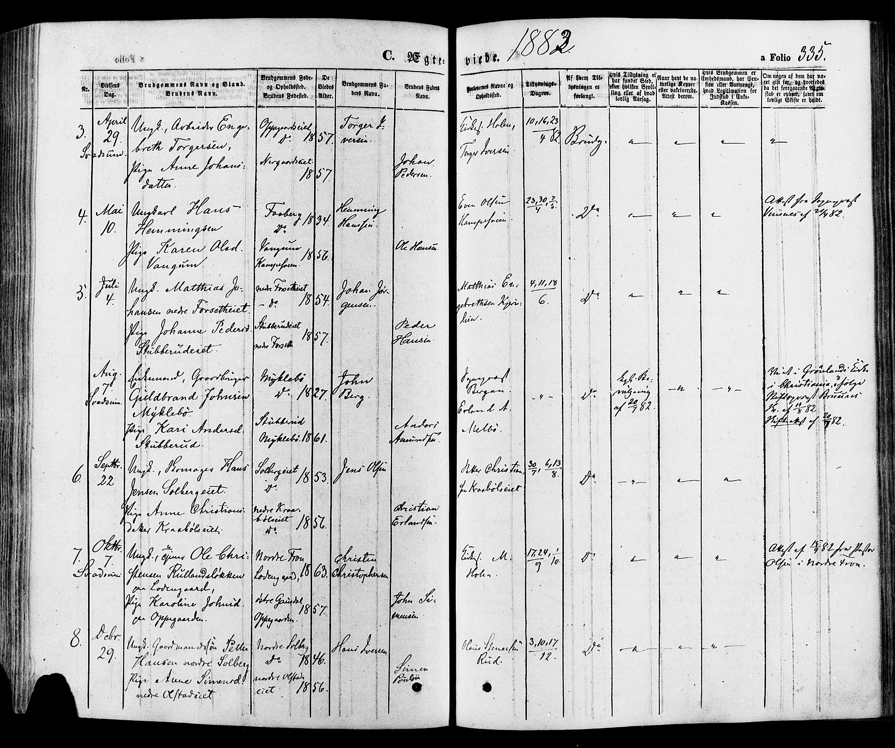 Gausdal prestekontor, SAH/PREST-090/H/Ha/Haa/L0010: Parish register (official) no. 10, 1867-1886, p. 335