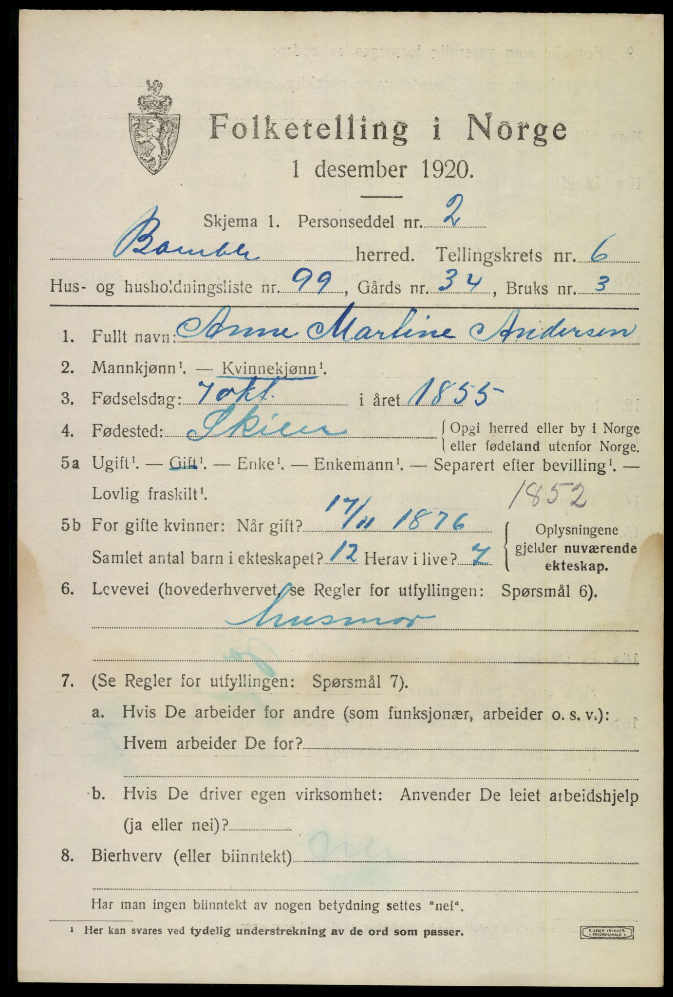 SAKO, 1920 census for Bamble, 1920, p. 6903