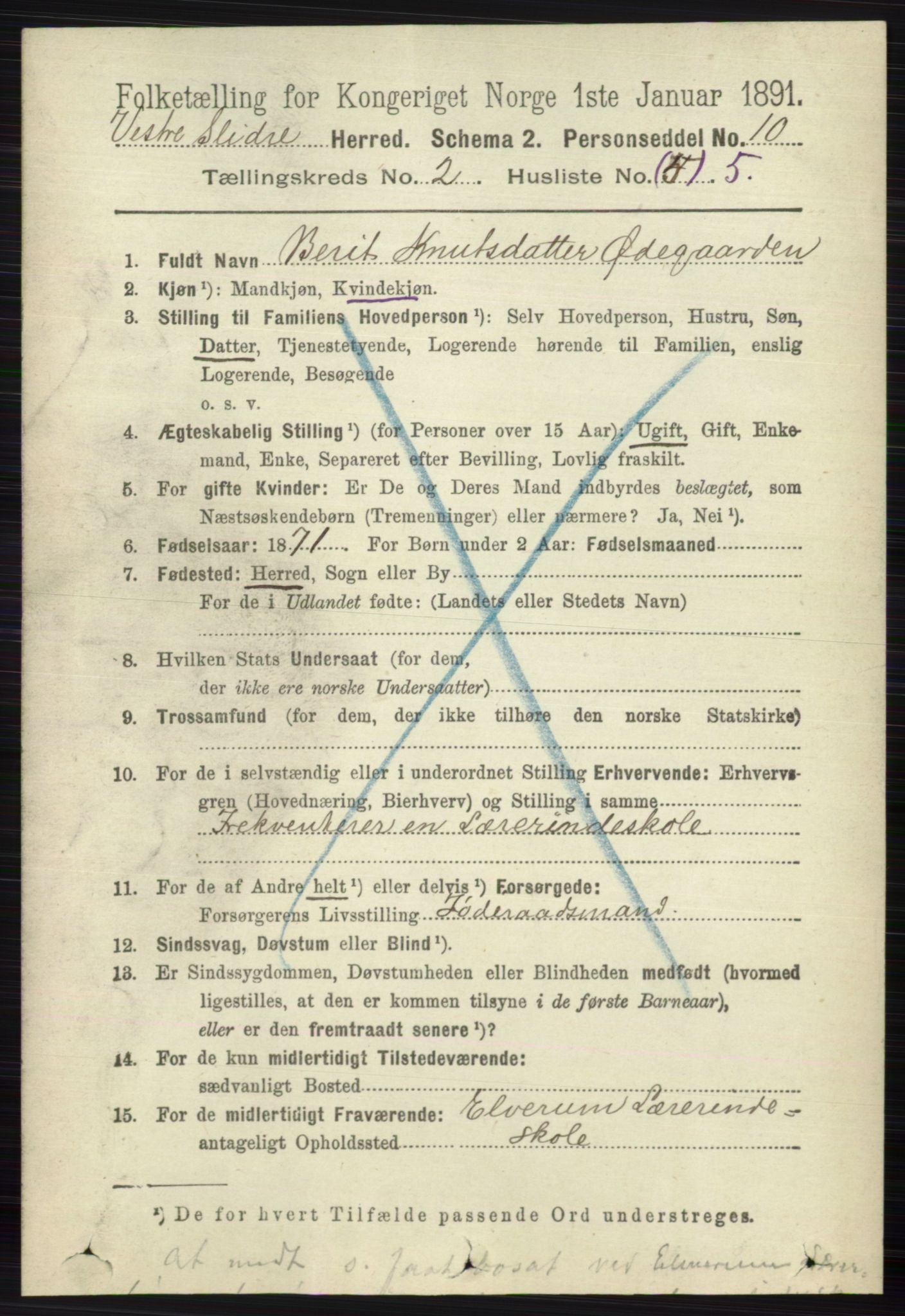 RA, 1891 census for 0543 Vestre Slidre, 1891, p. 550