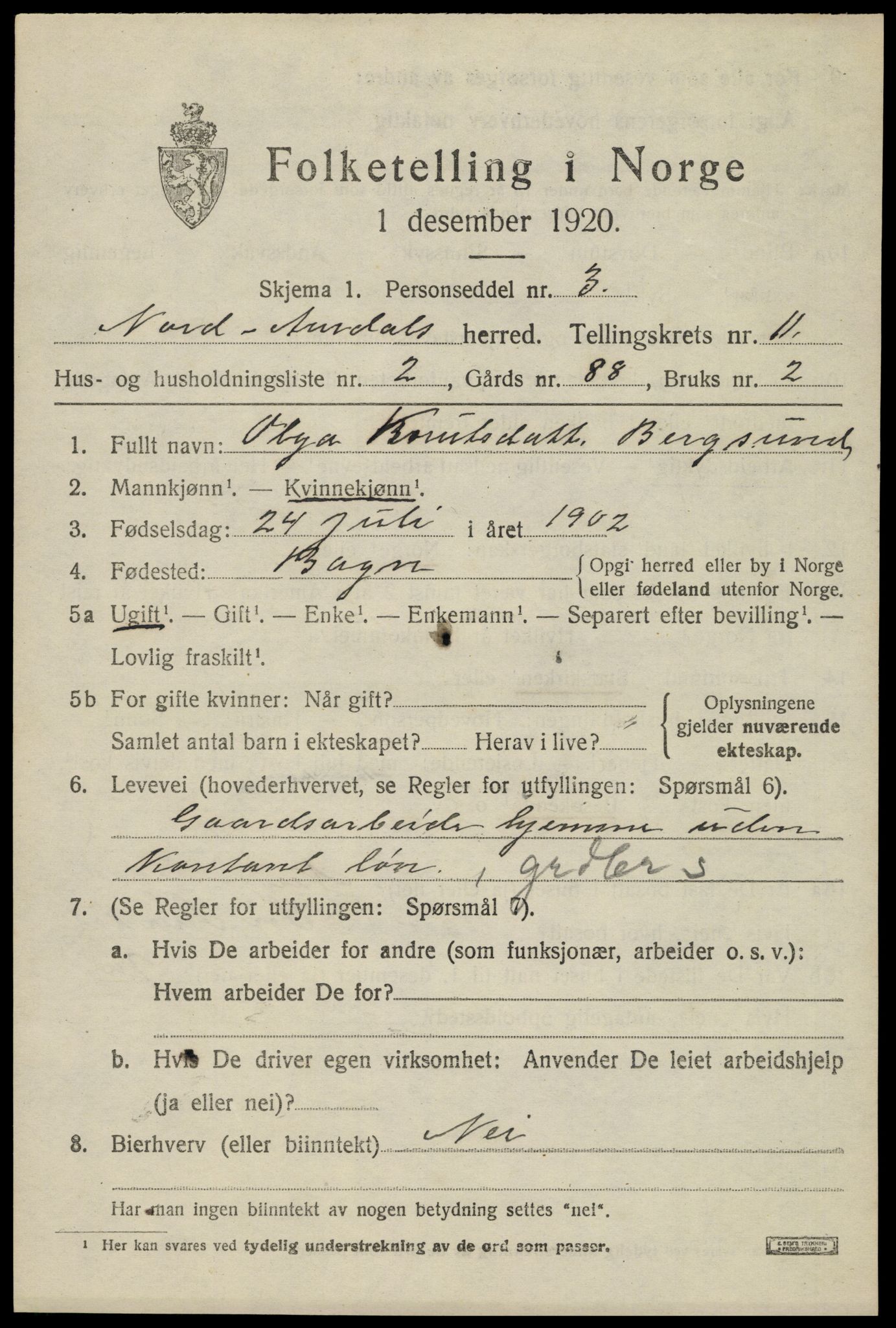 SAH, 1920 census for Nord-Aurdal, 1920, p. 8398