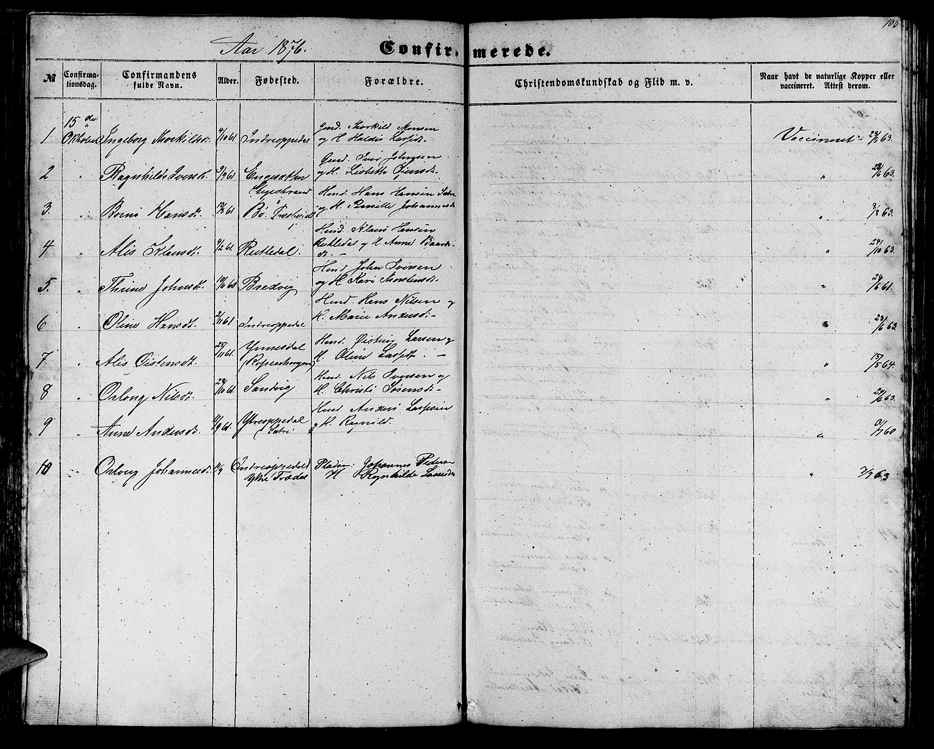 Gulen sokneprestembete, SAB/A-80201/H/Hab/Habc/L0001: Parish register (copy) no. C 1, 1853-1880, p. 105