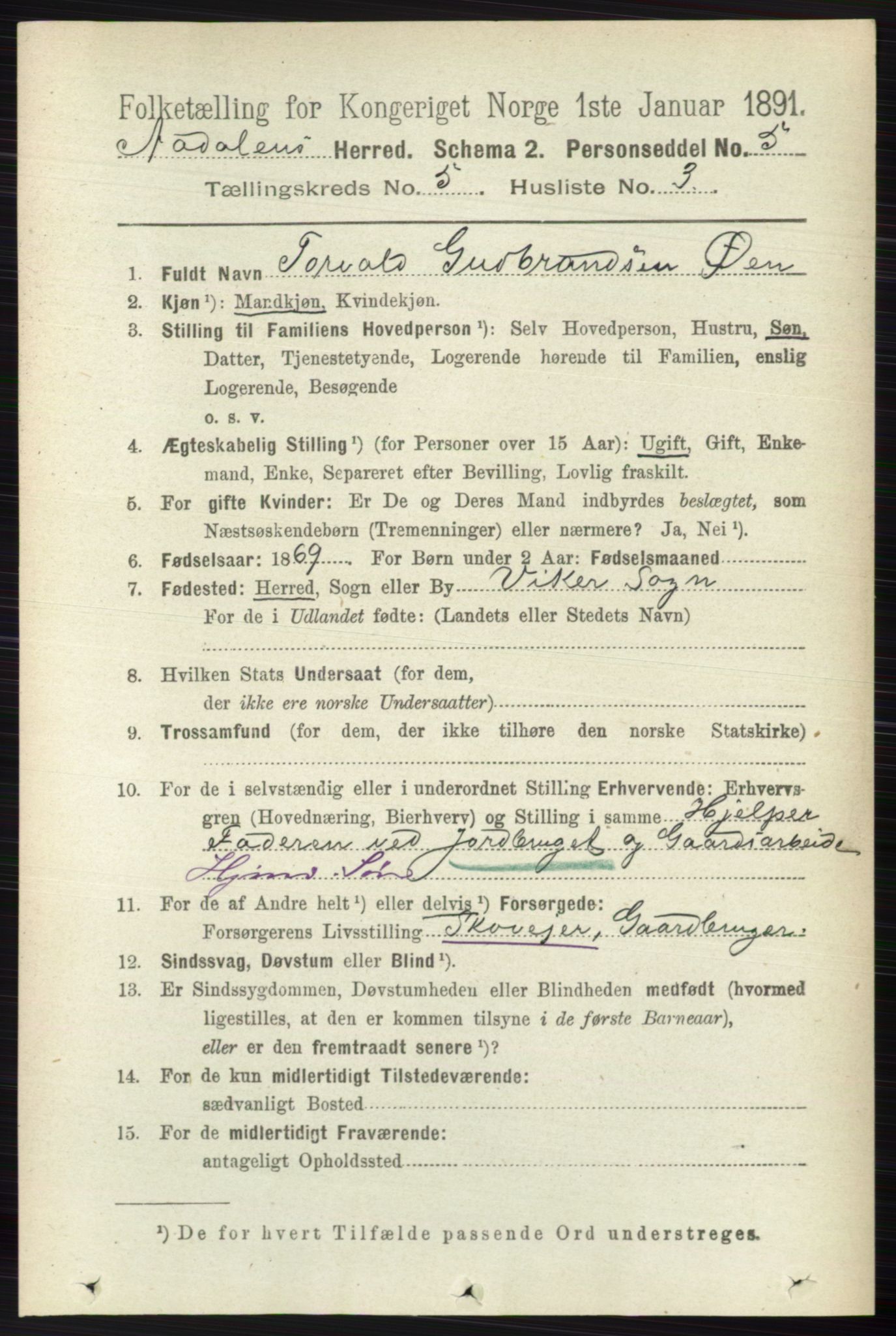RA, 1891 census for 0614 Ådal, 1891, p. 2029