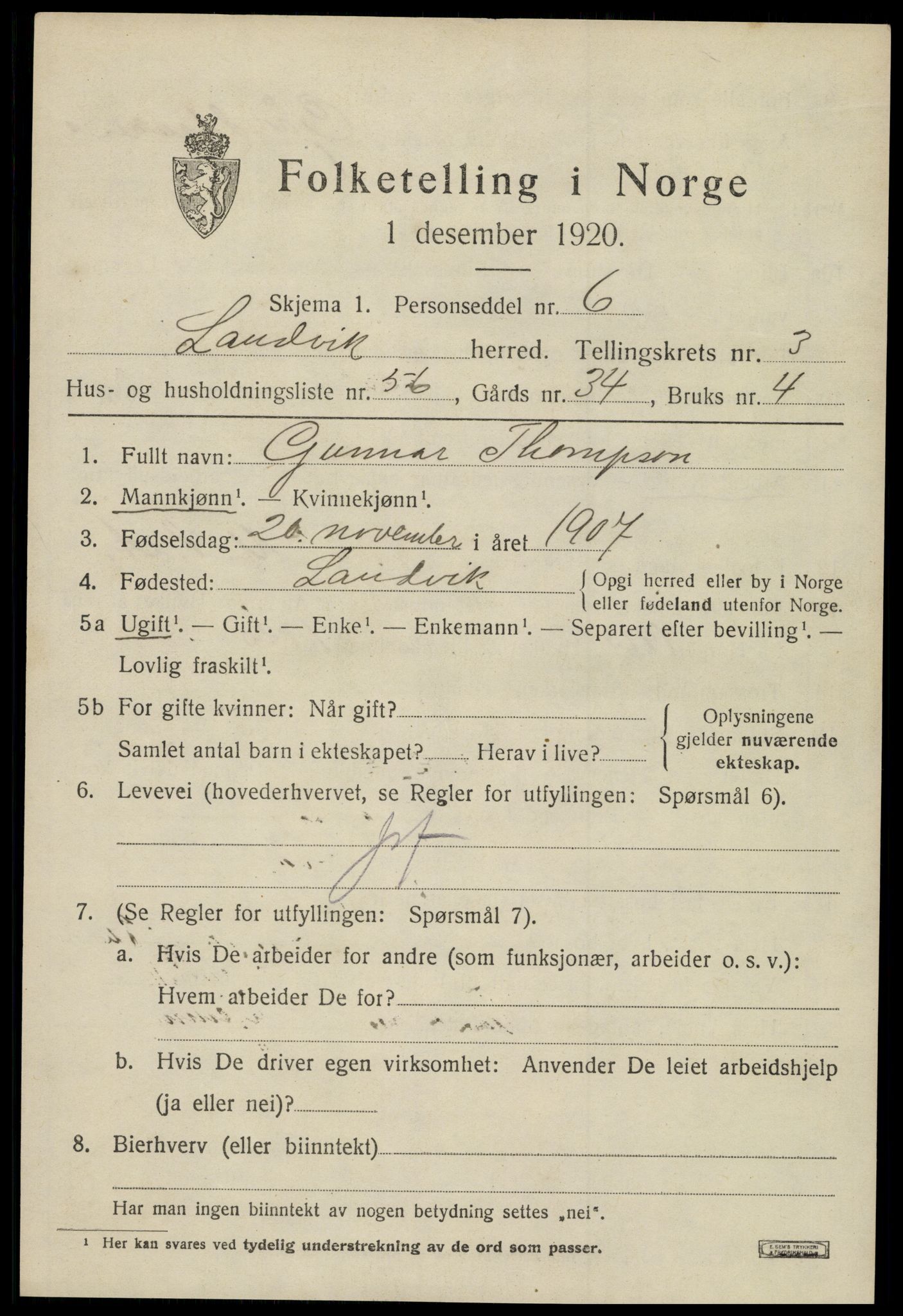 SAK, 1920 census for Landvik, 1920, p. 3442