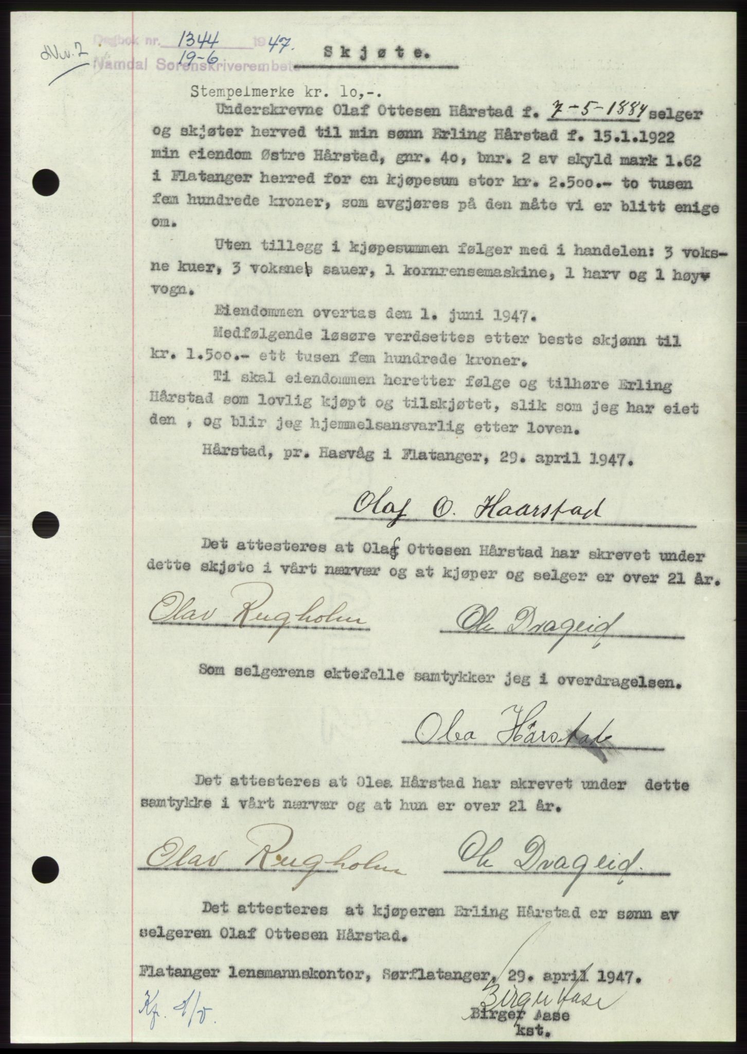 Namdal sorenskriveri, AV/SAT-A-4133/1/2/2C: Mortgage book no. -, 1947-1947, Diary no: : 1344/1947