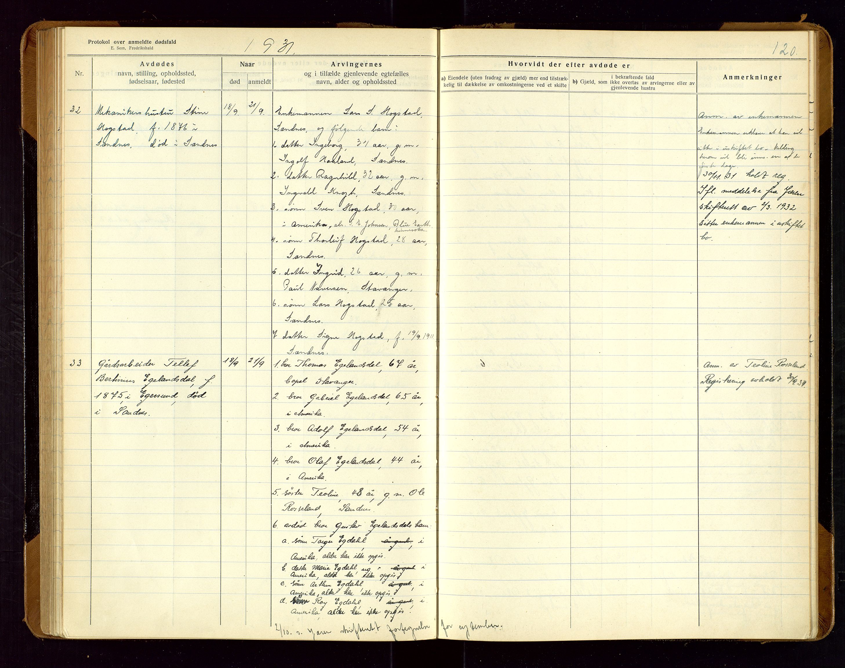 Sandnes lensmannskontor, SAST/A-100167/Gga/L0001: "Protokol over anmeldte dødsfald" m/register, 1918-1940, p. 120